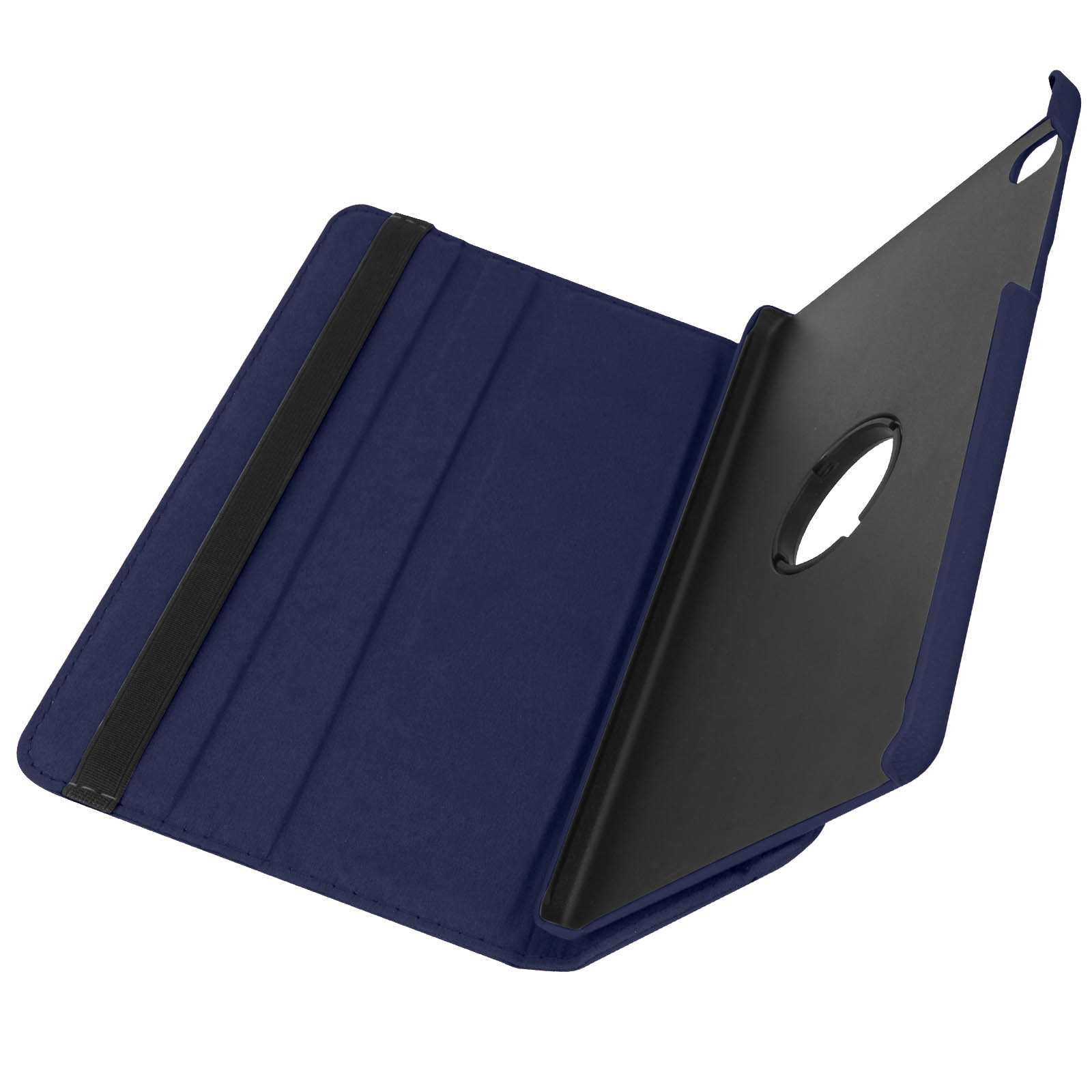 Custodia per tablet blu navy con interno nero. È aperta e angolata.