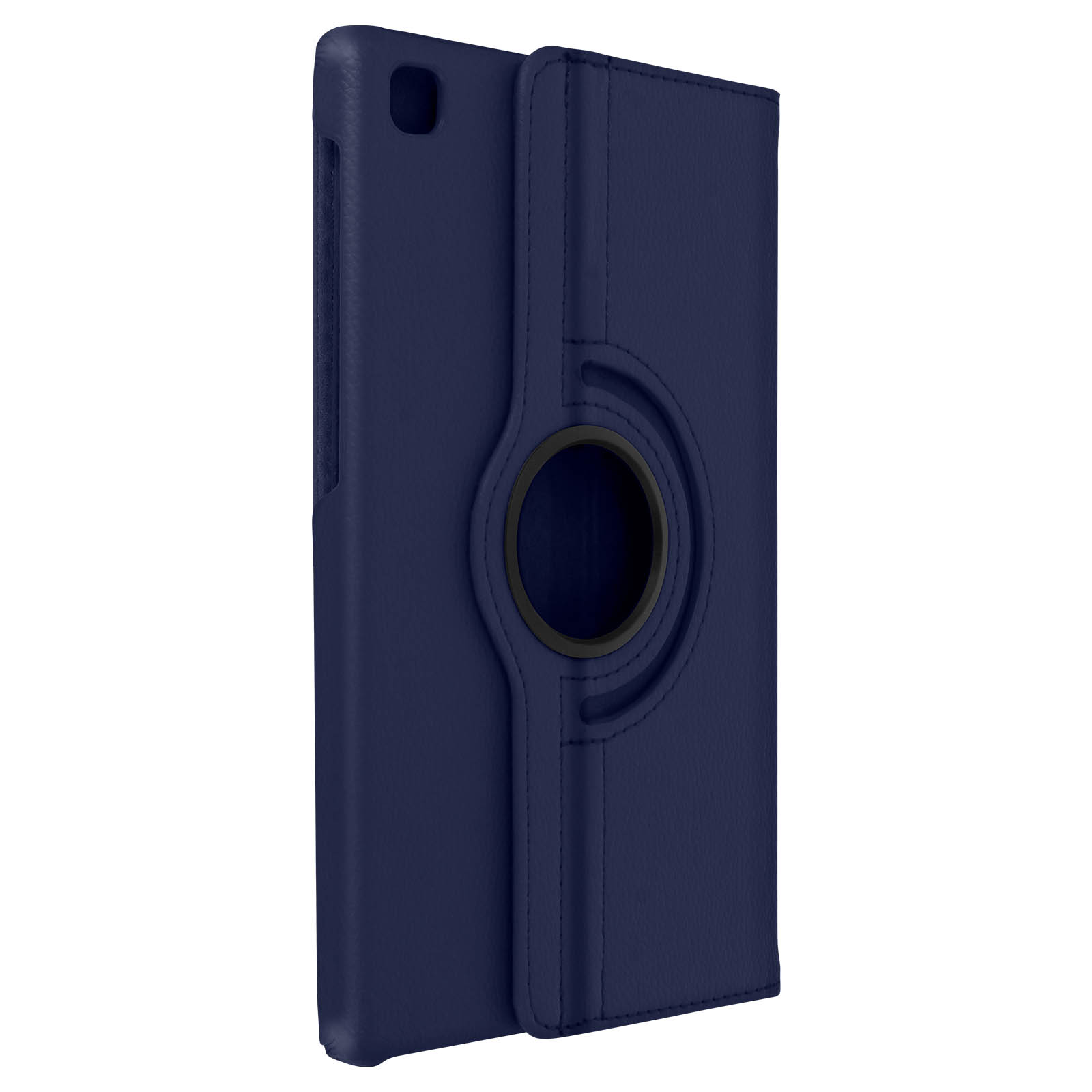 Una custodia per tablet blu scuro con un anello nero per tenere il tablet.