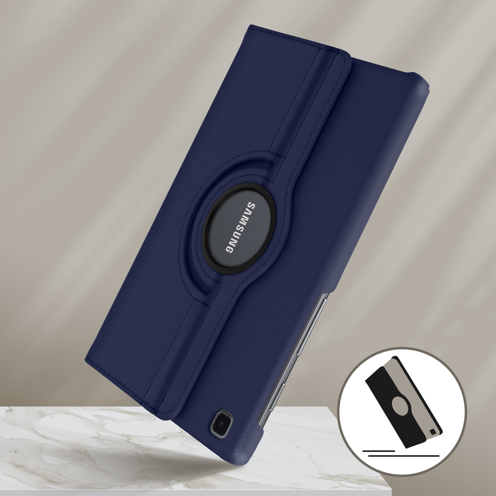 Custodia blu per tablet con anello di supporto; custodia angolata, mostra il logo Samsung.