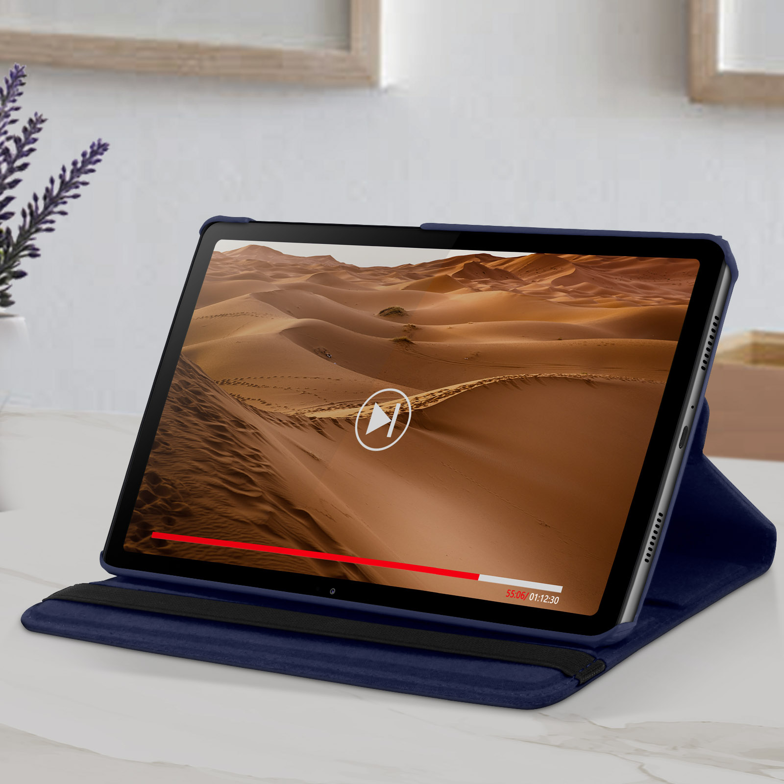 Tablet in custodia, riproduzione video sullo schermo, con barra temporale.