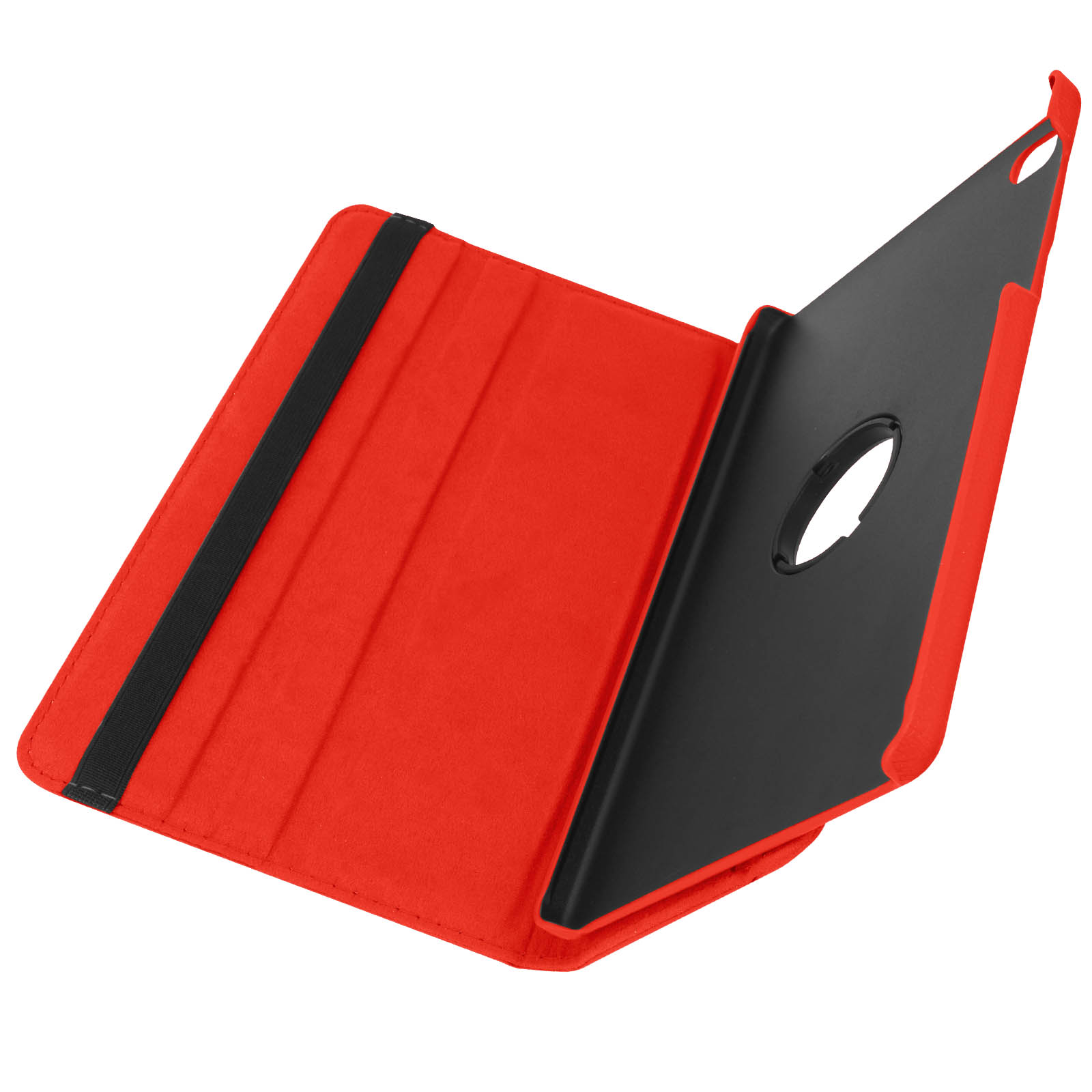 Custodia per tablet rossa e nera, aperta, con cinturino nero.