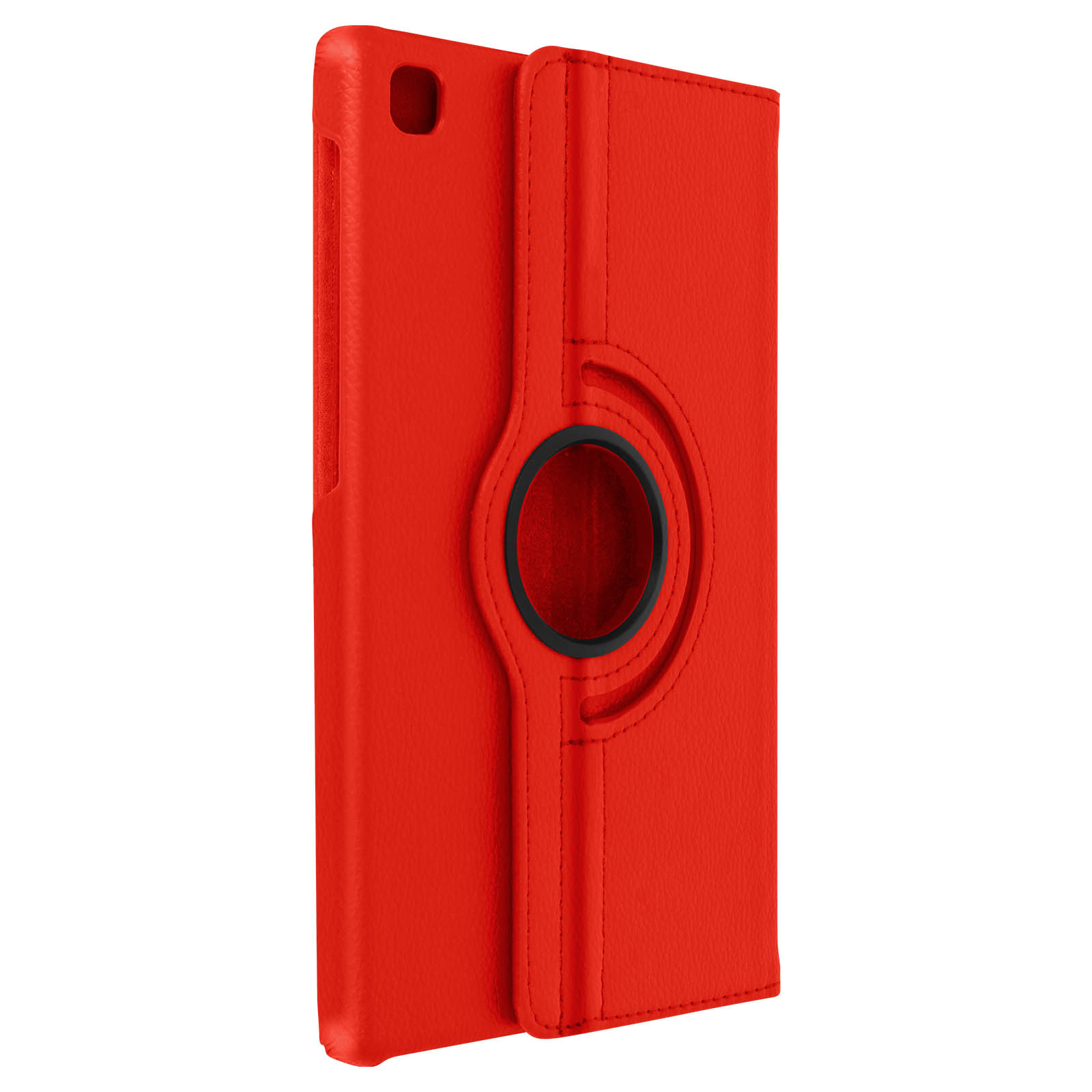 Custodia per tablet rossa, con anello rotante e copertura pieghevole. La custodia è chiusa.