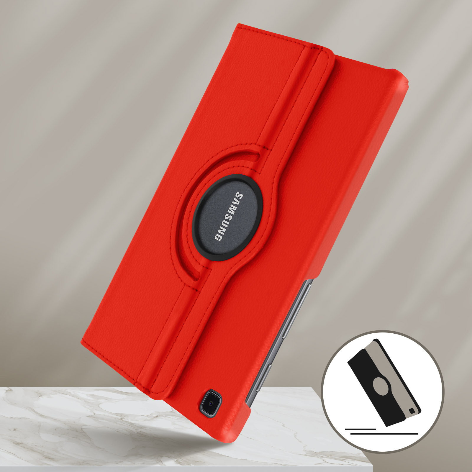 Custodia per tablet rossa con anello rotante. La custodia è su una superficie di marmo.