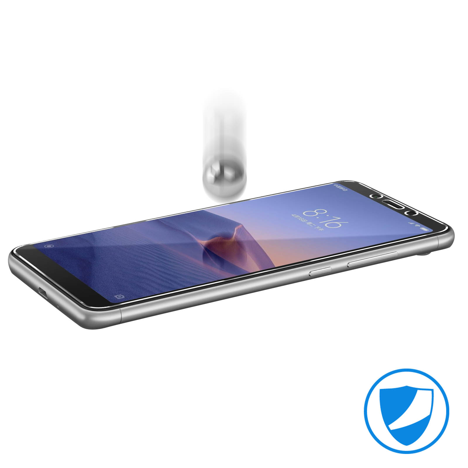 Smartphone con pellicola protettiva. Una sfera di metallo sta cadendo sullo schermo.