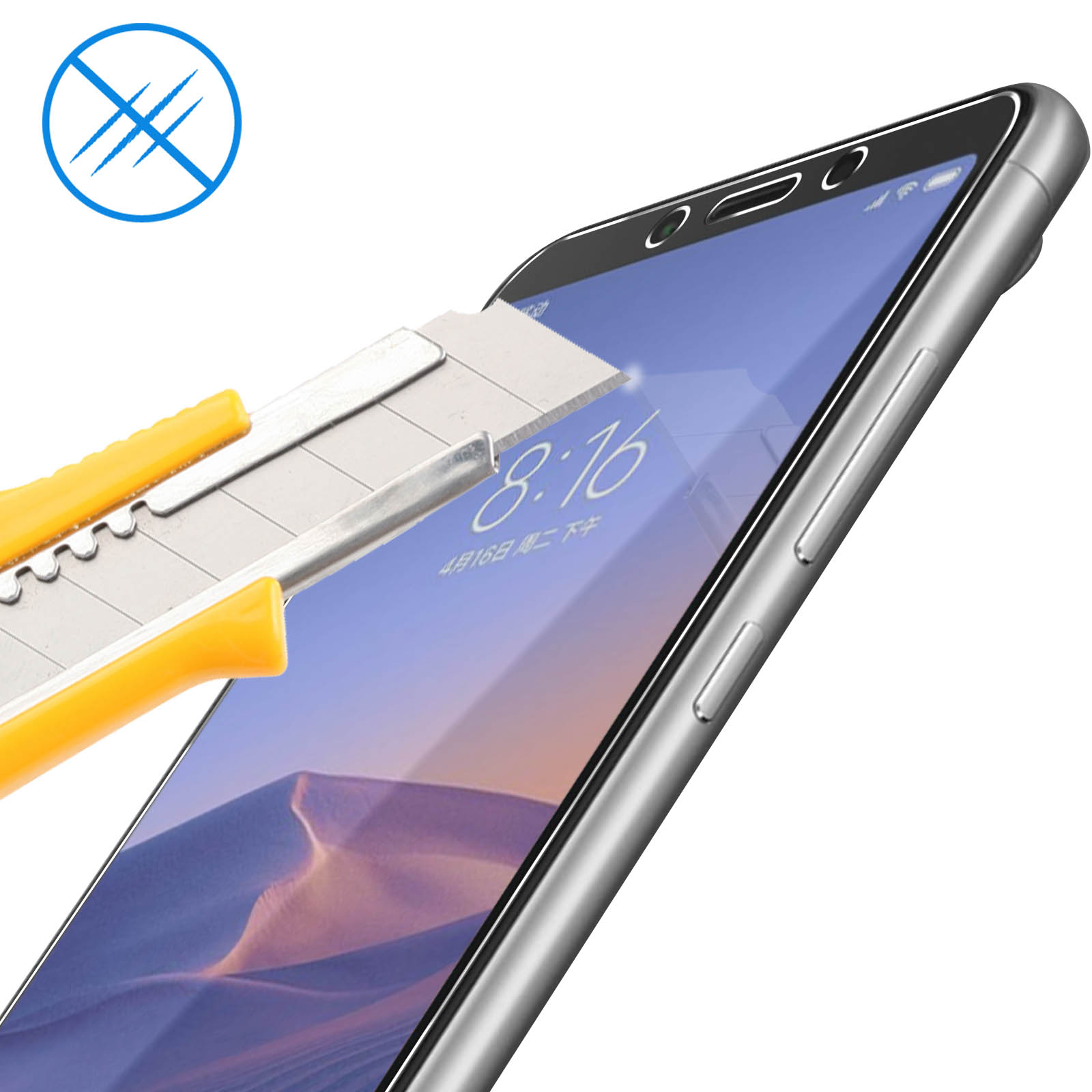 Schermo del telefono con coltello che taglia una protezione per lo schermo, con simbolo antigraffio blu.