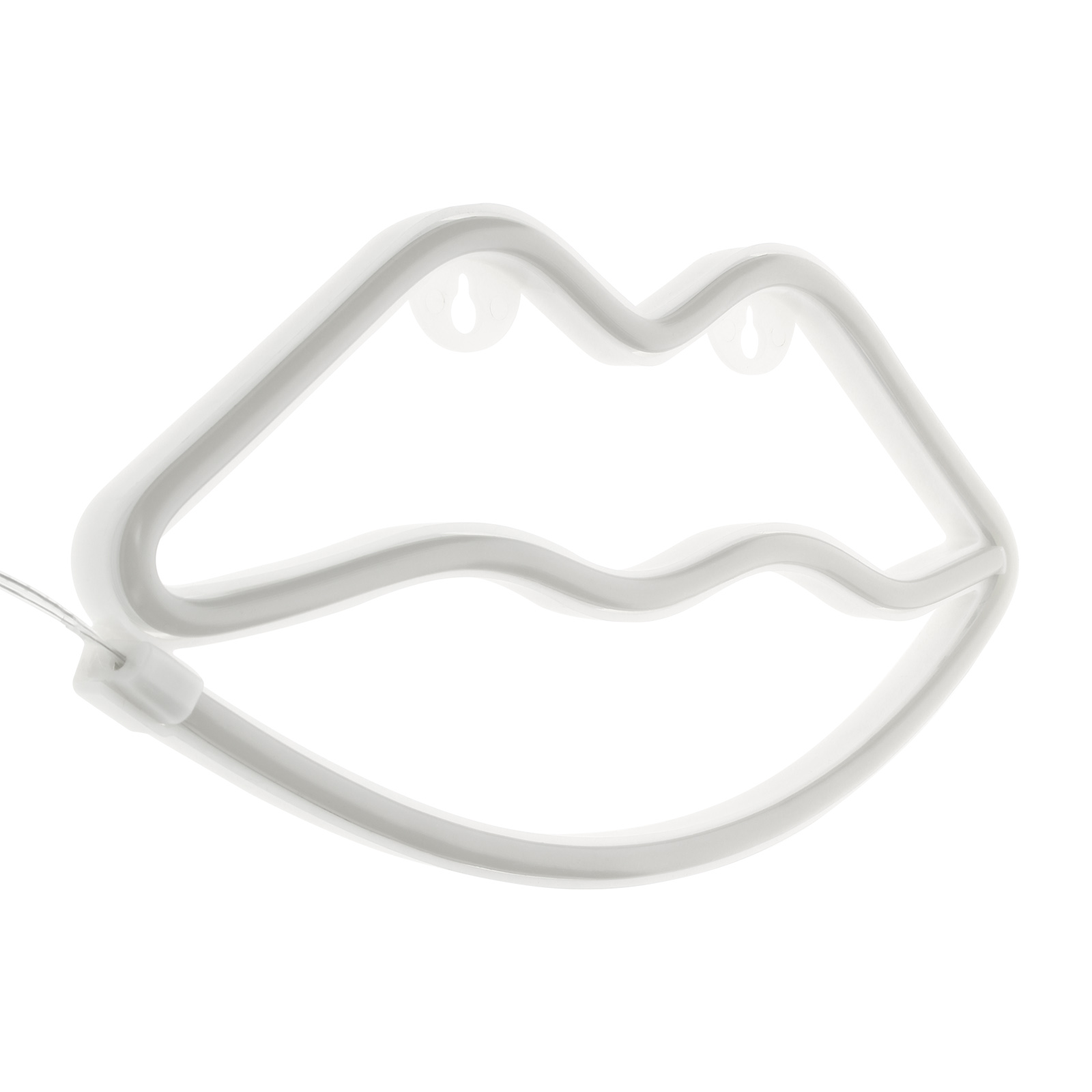 Contorno de labios de neón blanco, con dos puntos colgantes. Diseño sencillo, limpio en blanco.