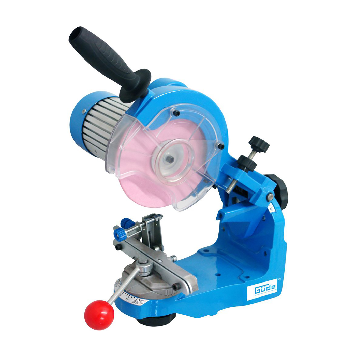 Blauer Kettensägen-Schärfer. Rosa Schleifscheibe in einem Schutzschild.