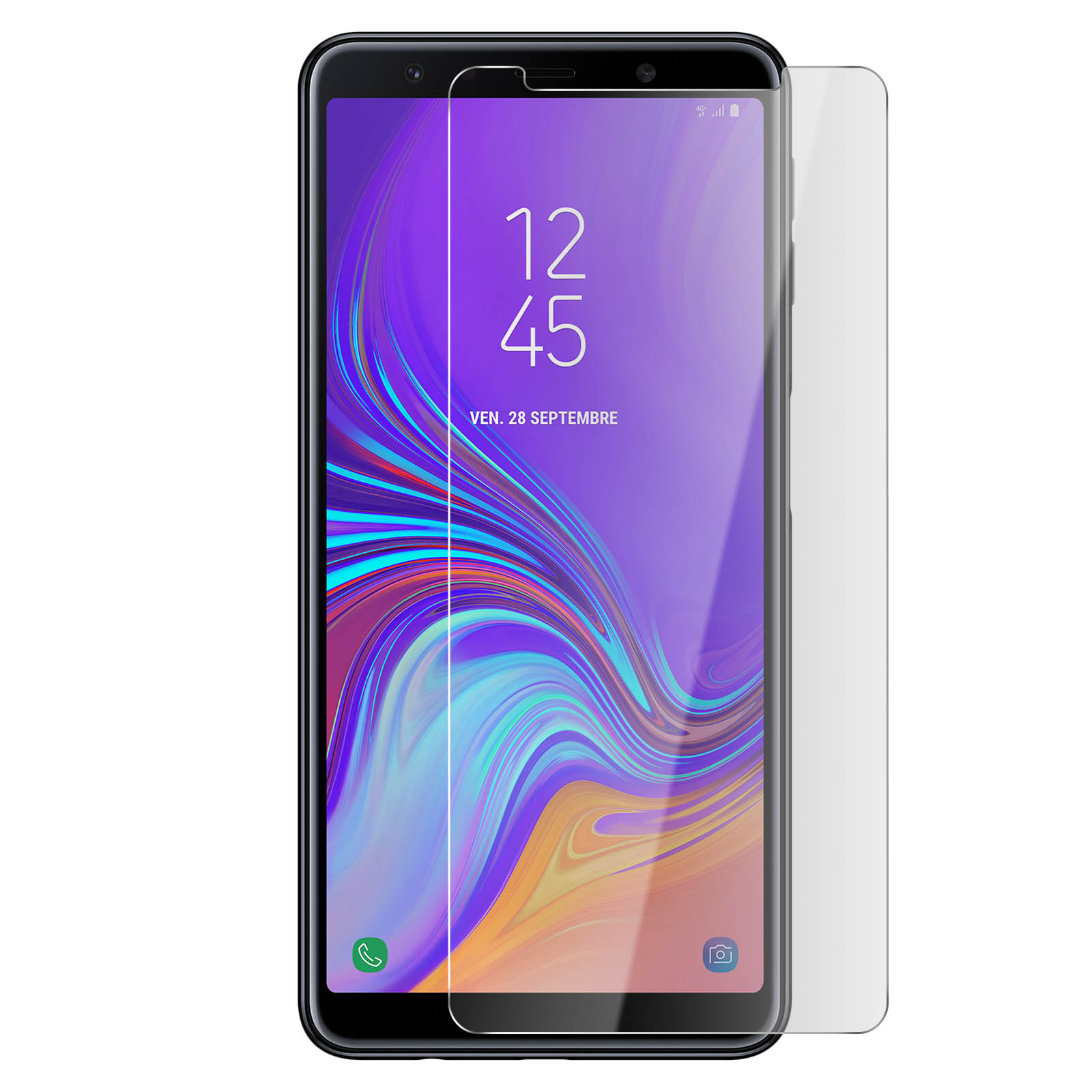 Un telefono con protezione schermo. Lo schermo mostra l'ora e la data. La protezione è trasparente.