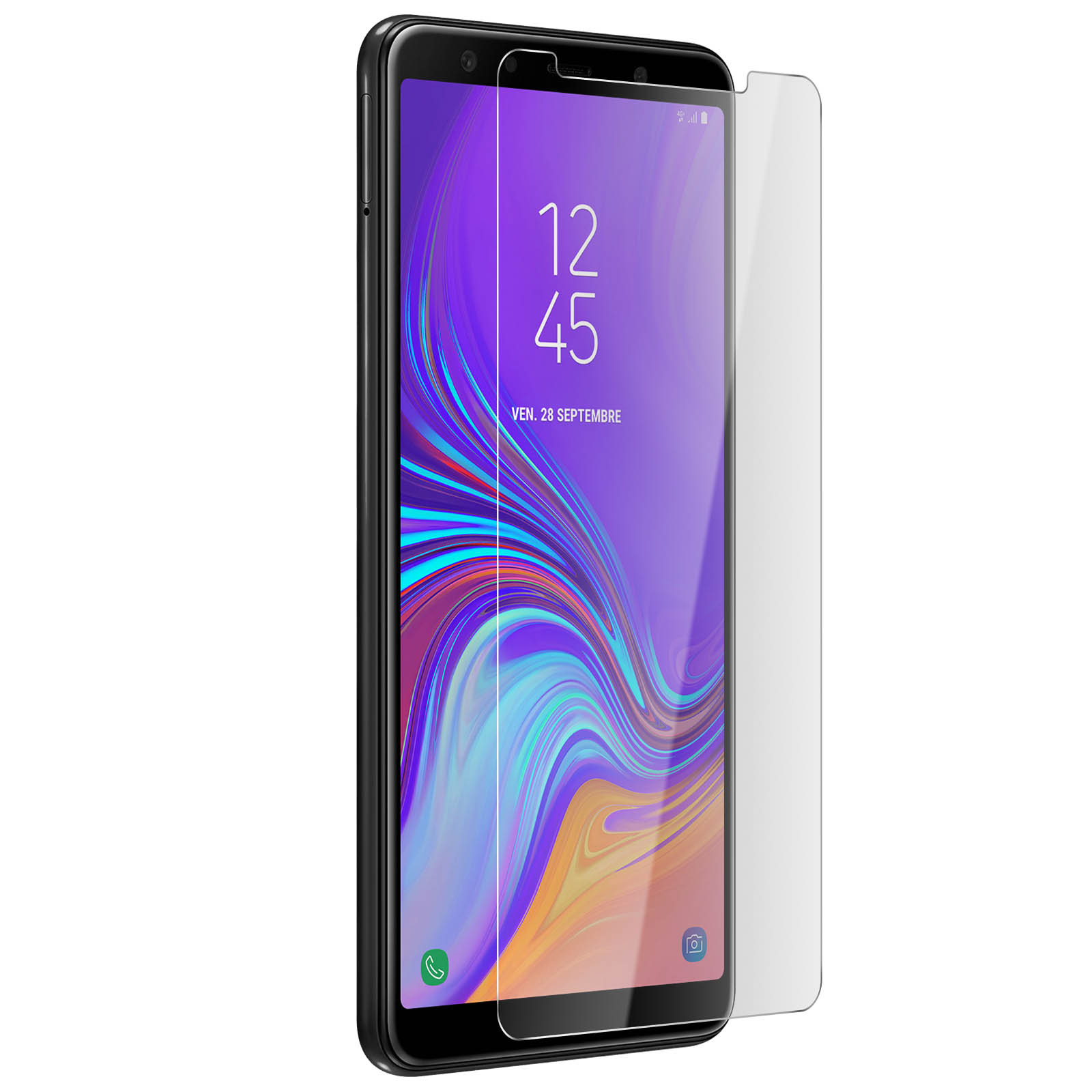 Uno smartphone con una protezione per lo schermo. Lo schermo mostra un orologio.