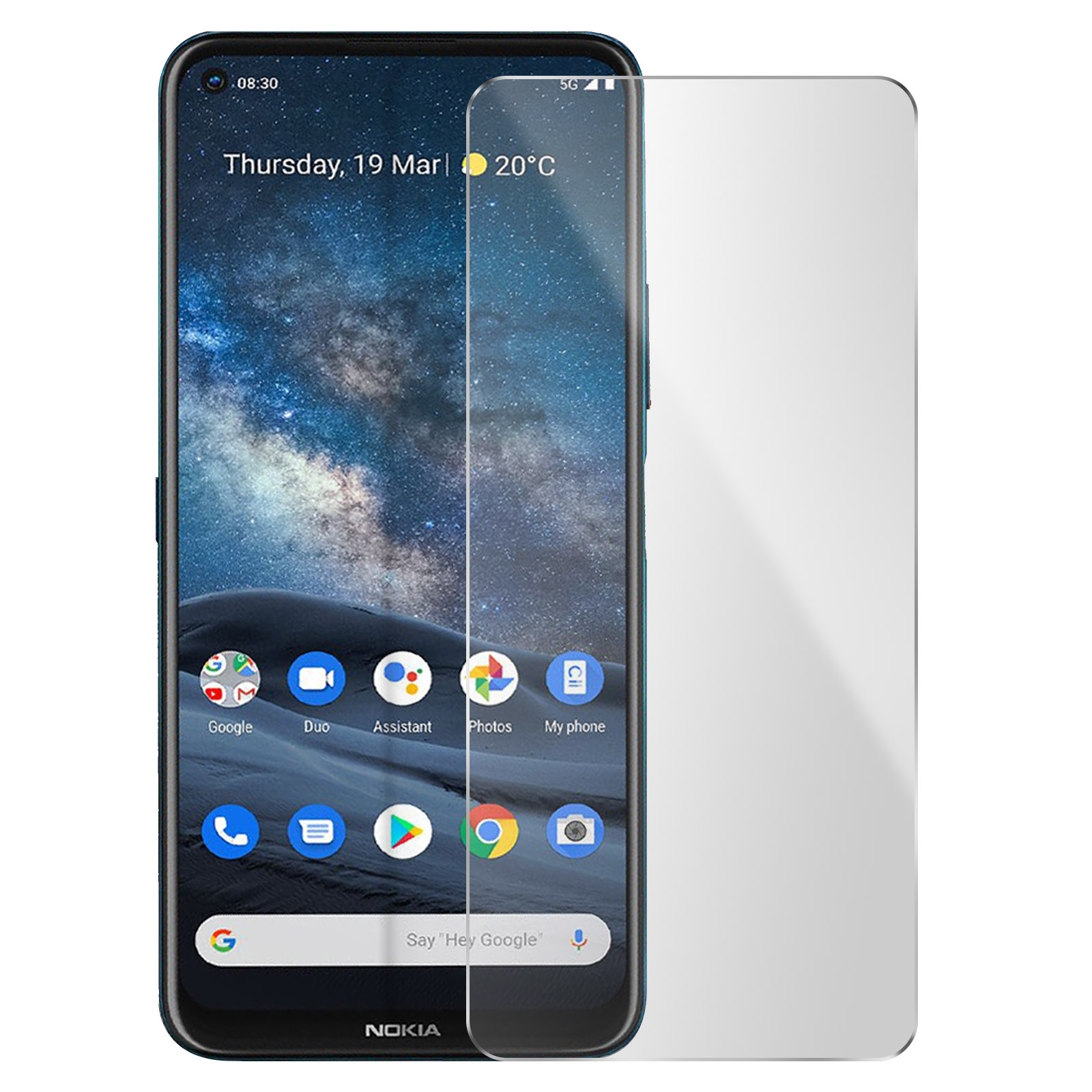 Een zwarte telefoon met een schermbeschermer ernaast, met het startscherm.