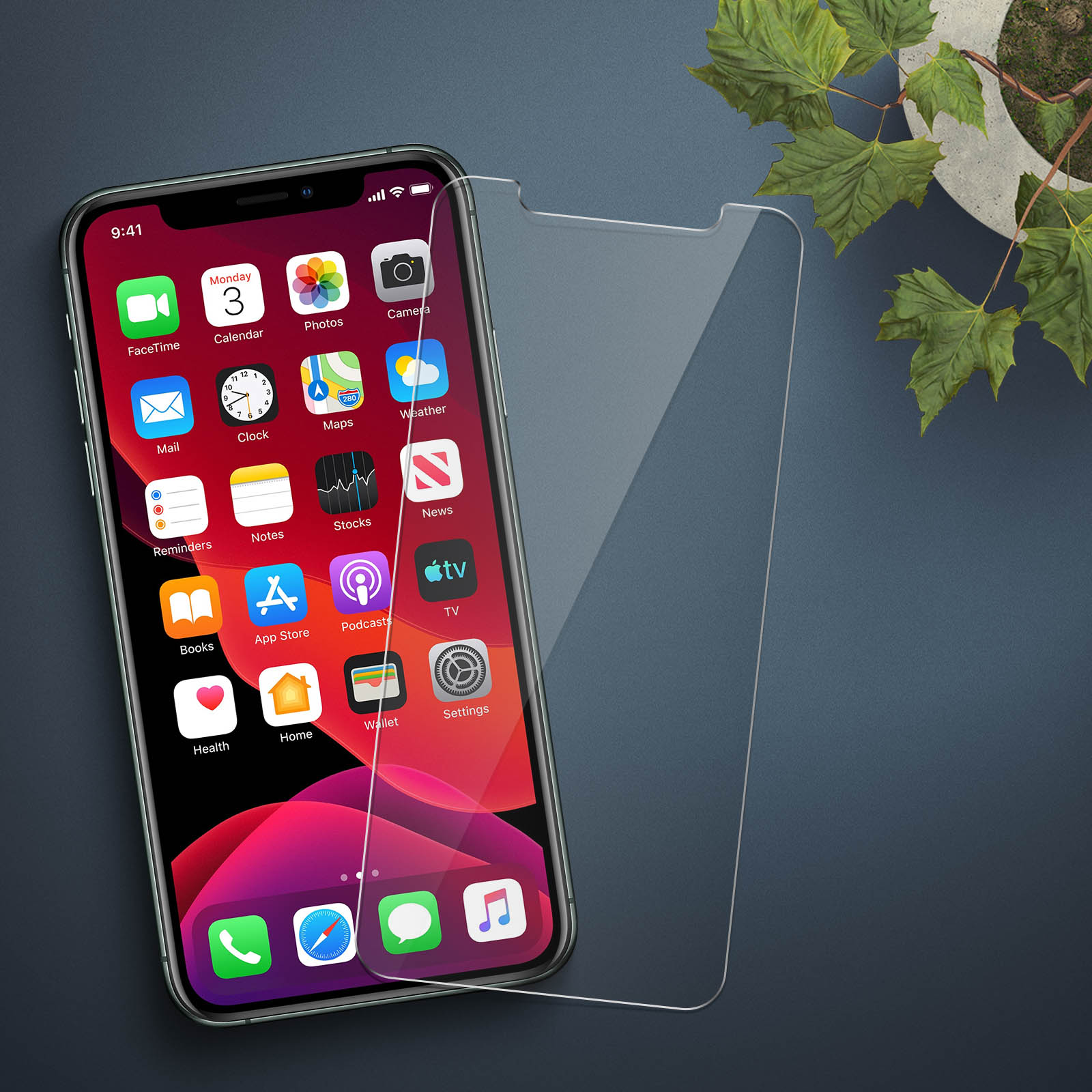 Smartphone with screen protector, showing apps, and a plant in the background.