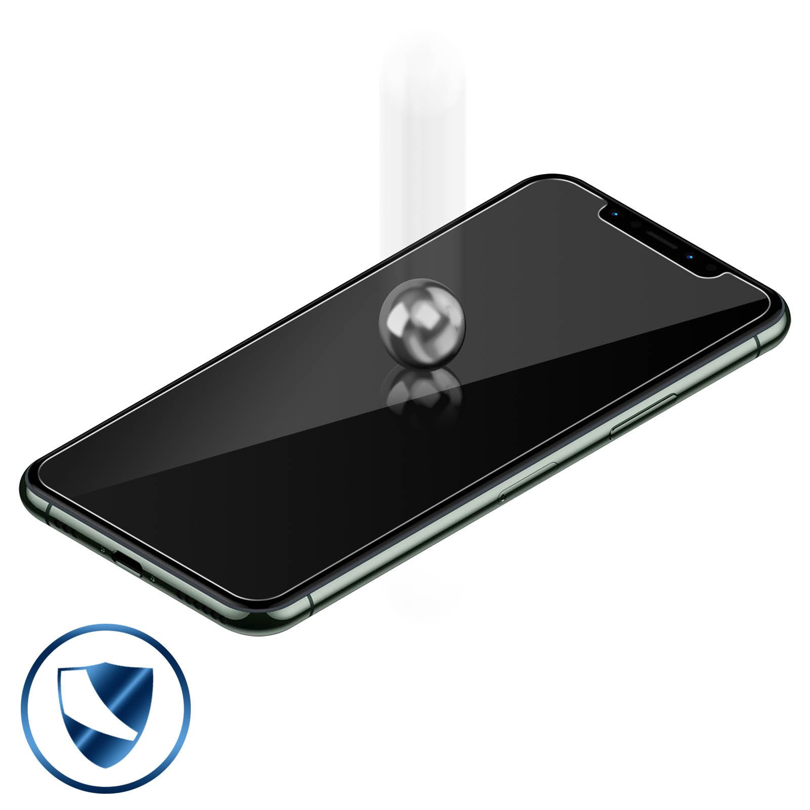 Phone screen protector with a silver ball to show the impact.