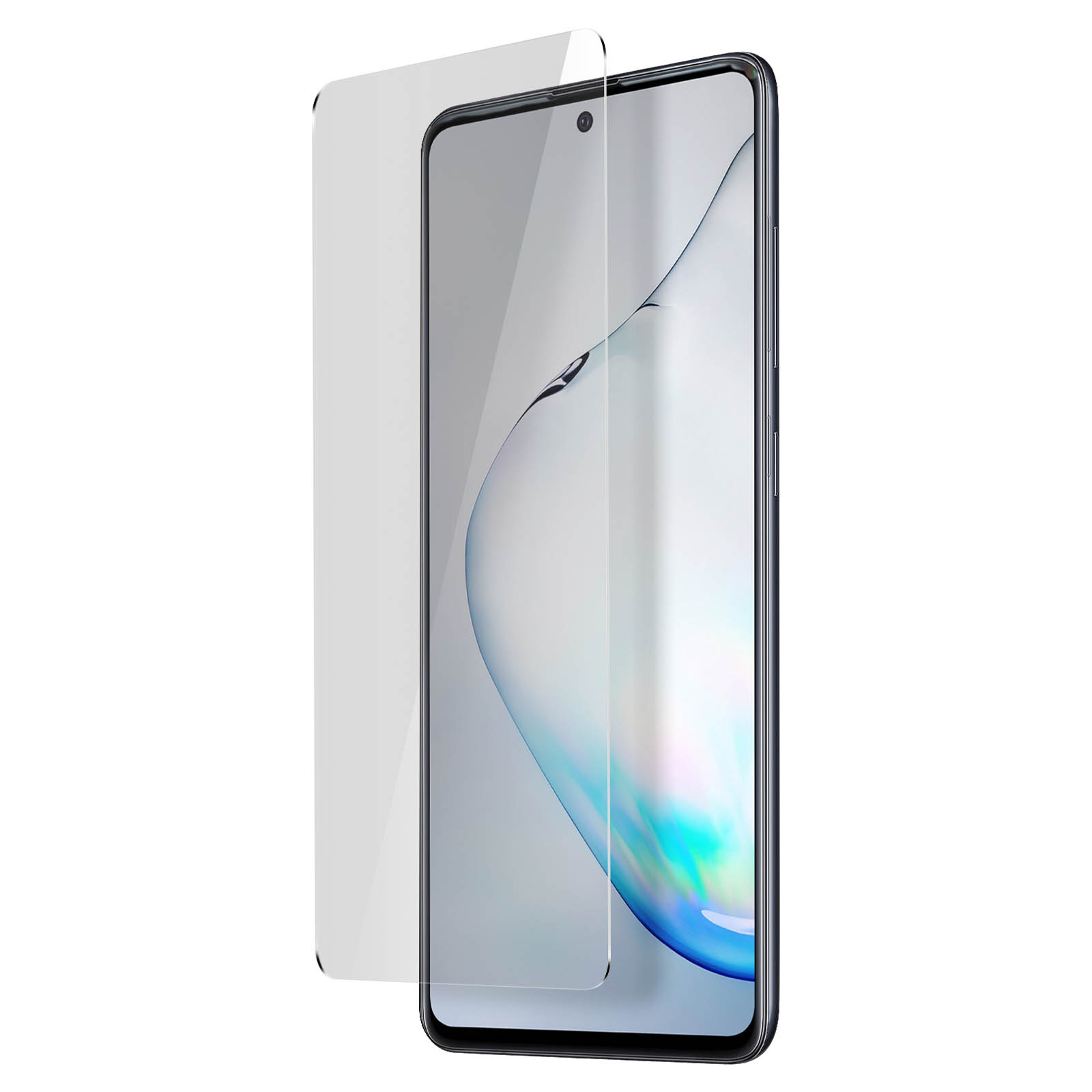 Un écran de téléphone avec un protecteur d'écran en cours d'application. L'écran est blanc avec des teintes bleues.