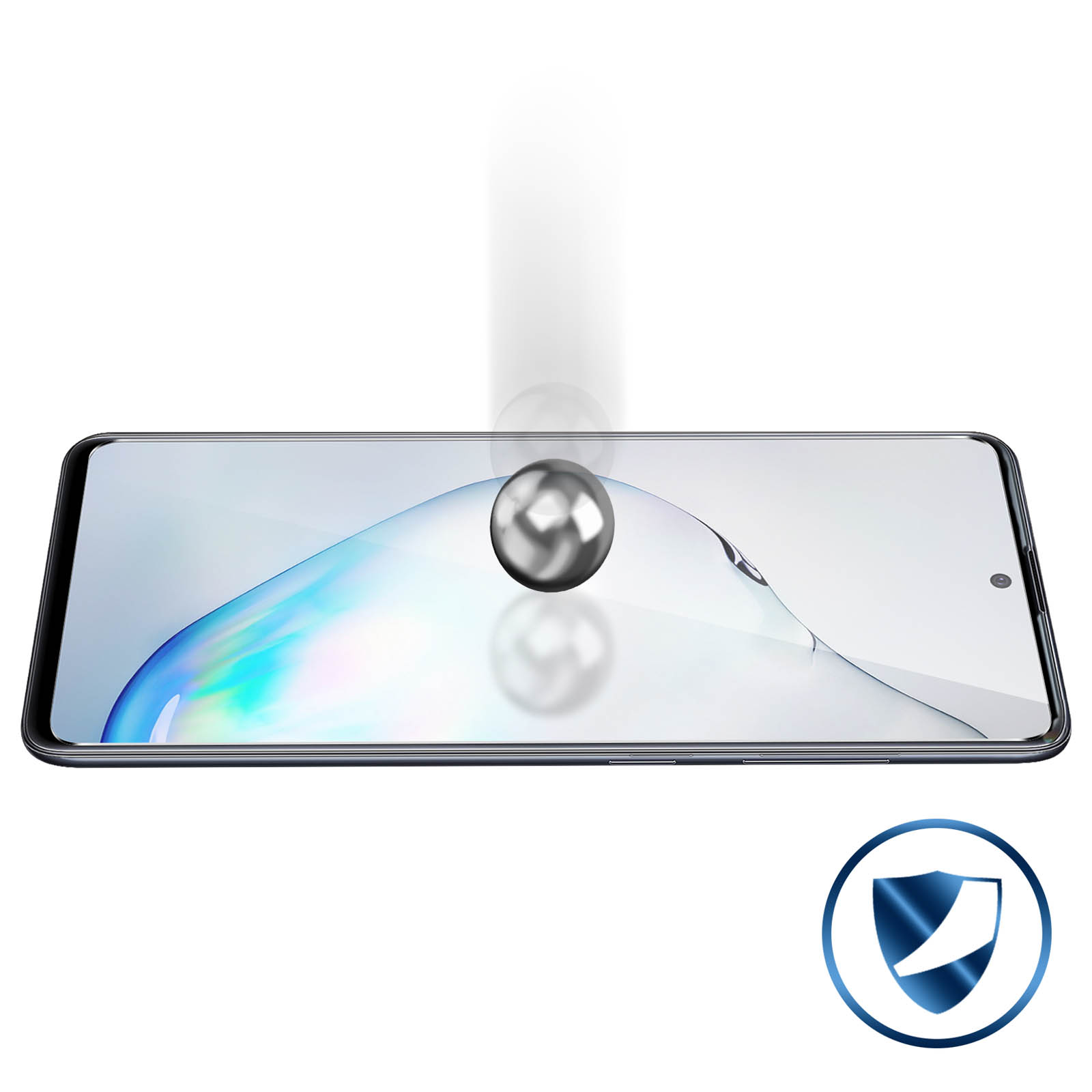 Écran de smartphone avec protection en verre, une boule métallique est lâchée vers le téléphone.