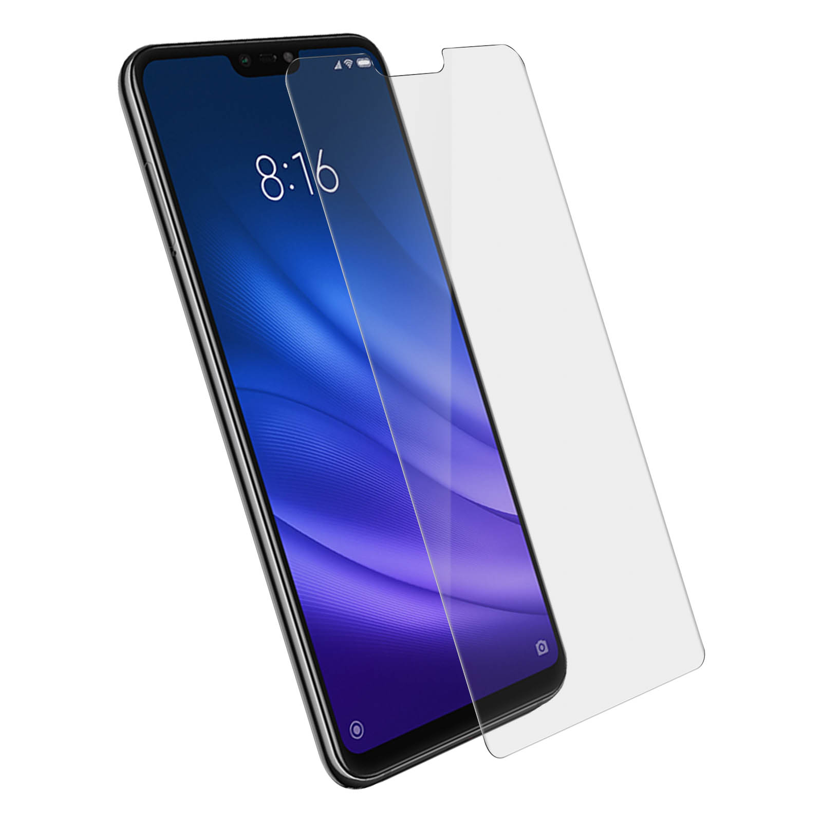 Telefono nero con protezione schermo. Lo schermo mostra uno sfondo blu e viola.
