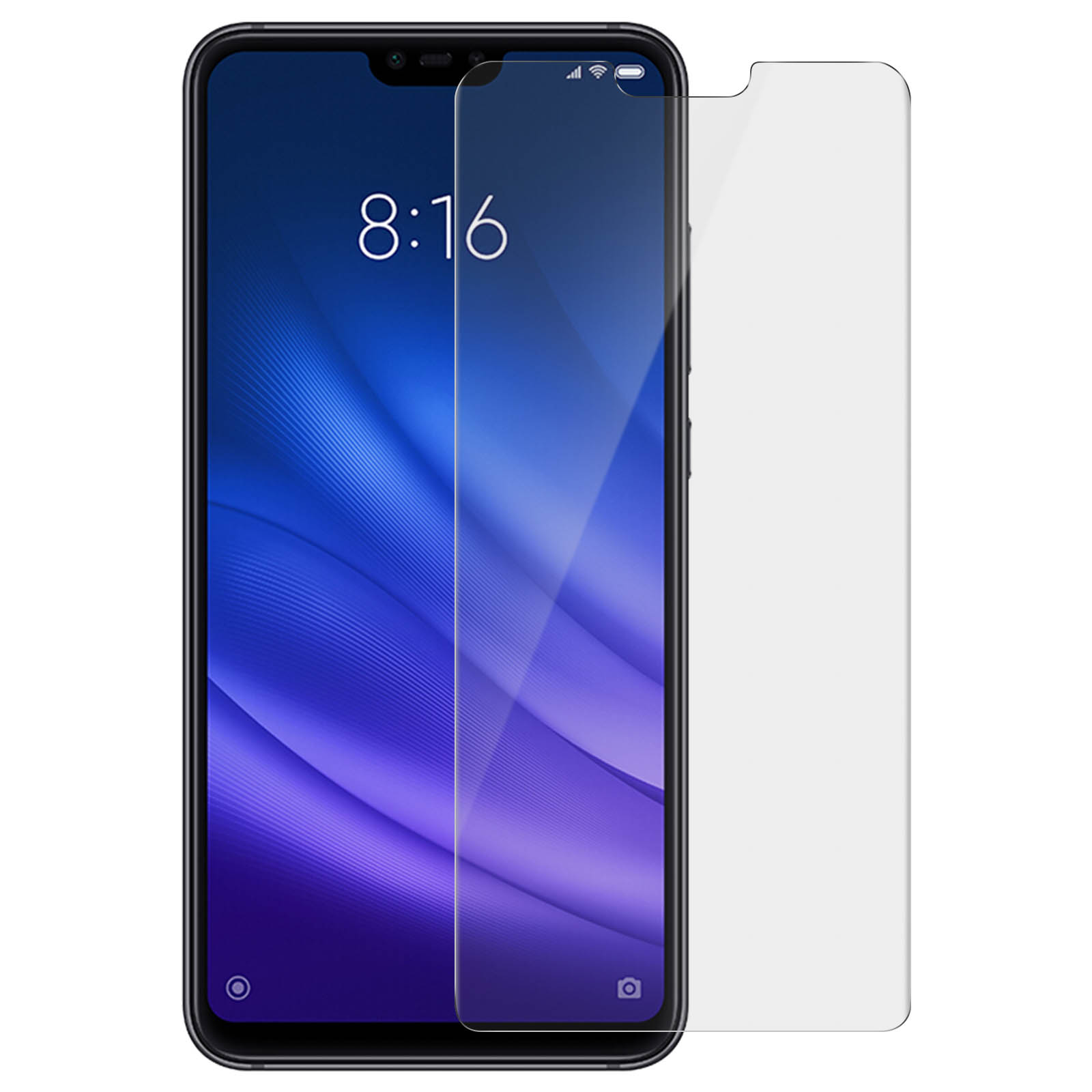 Smartphone con protezione schermo. Il telefono mostra l'ora '8:16' su uno sfondo sfumato blu e viola.