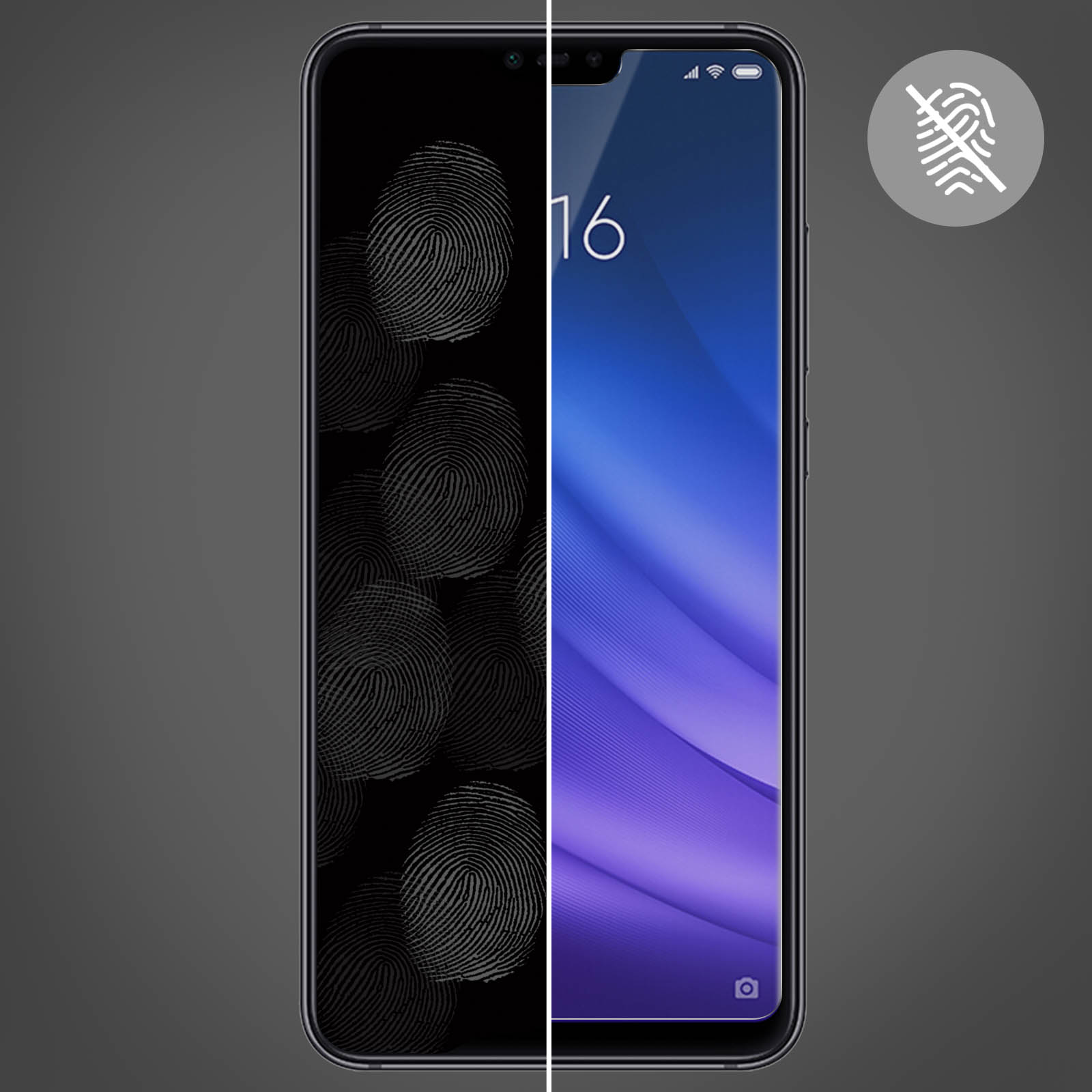 Schermo dello smartphone con impronte digitali a sinistra, chiaro a destra. Icona anti-impronte.