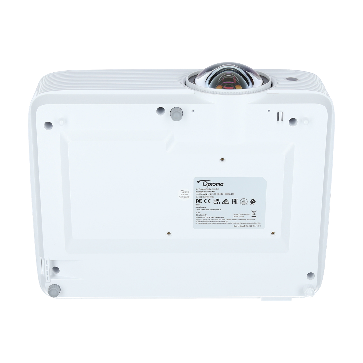 Biały projektor, widok od dołu. Widoczne etykiety i porty.