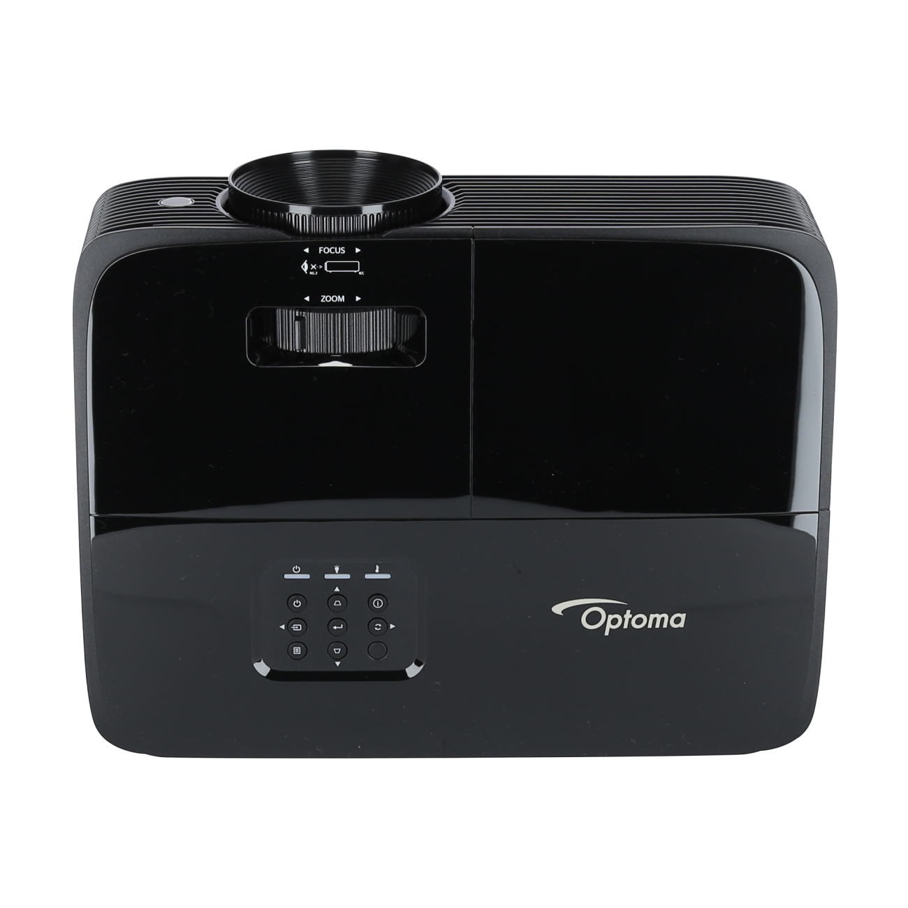 Proiettore Optoma nero con pulsanti di controllo.
