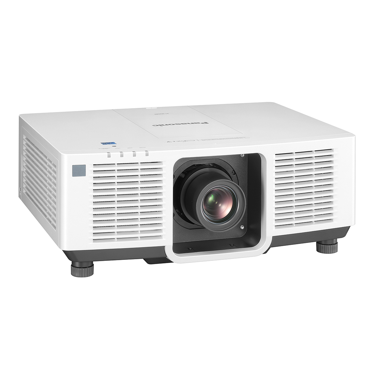 Proyector Panasonic blanco. Lente negra. Fondo blanco.