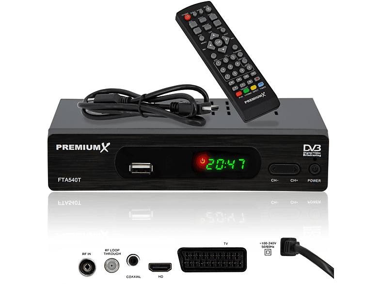 PREMIUMX FTA 540T FullHD Digital DVB-T2 Terrestrischer Receiver H.265 USB SCART HDMI DVB-T2 Receiver (Schwarz)