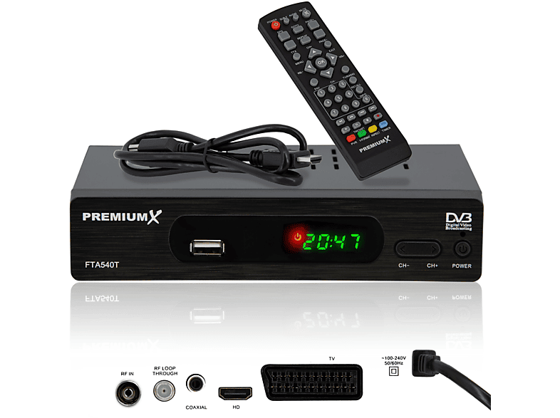 HDMI Receiver Terrestrischer PREMIUMX Receiver USB H.265 SCART DVB-T2 FTA 540T FullHD DVB-T2 (Schwarz) Digital