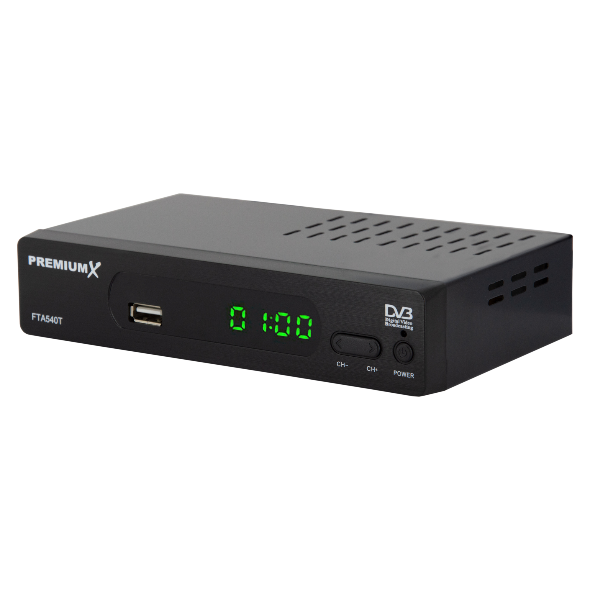Schwarzer digitaler Receiver. Es zeigt die Uhrzeit, hat einen USB-Anschluss und Bedientasten.