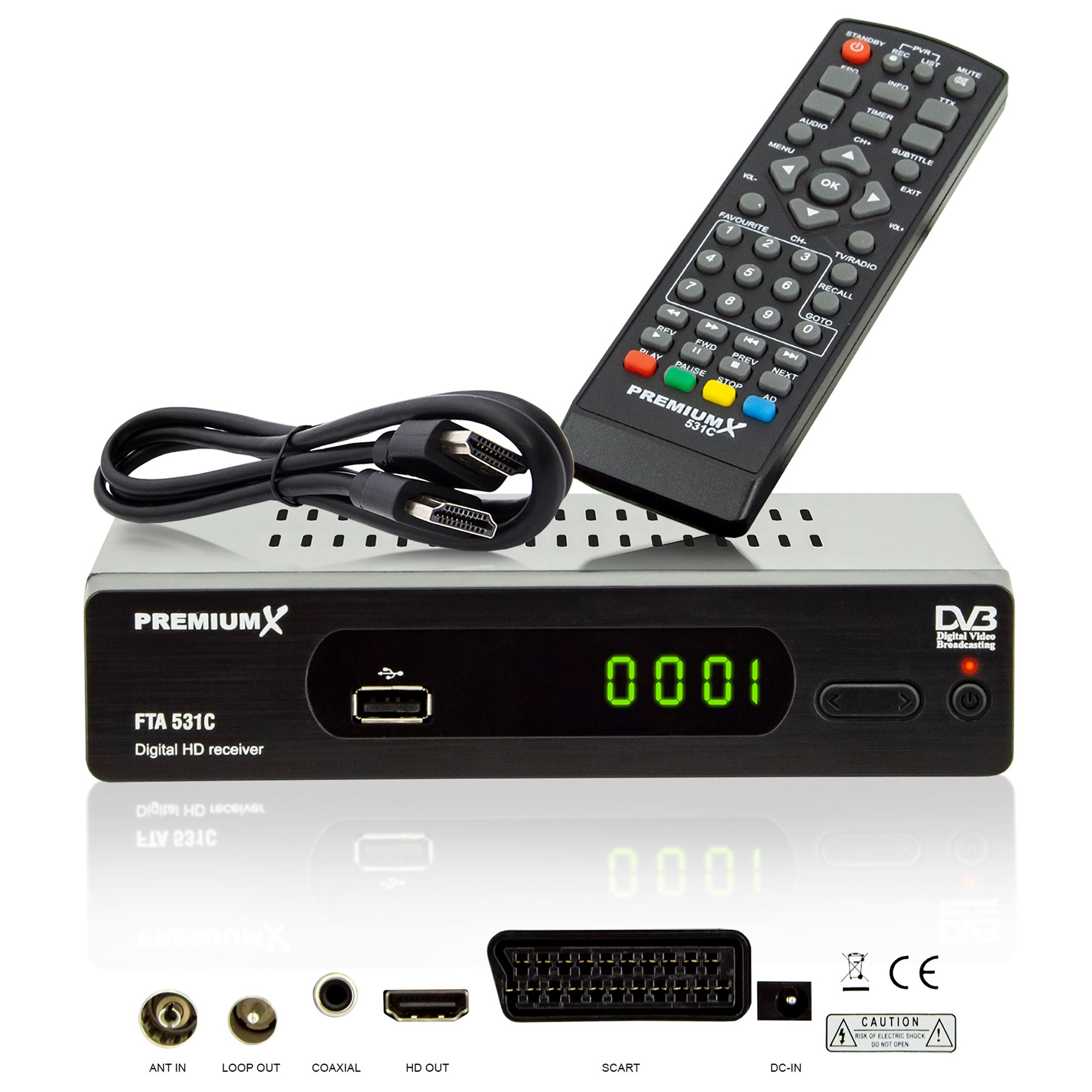 Schwarzer digitaler HD-Receiver mit Fernbedienung und Kabeln. Es hat ein grünes Display.