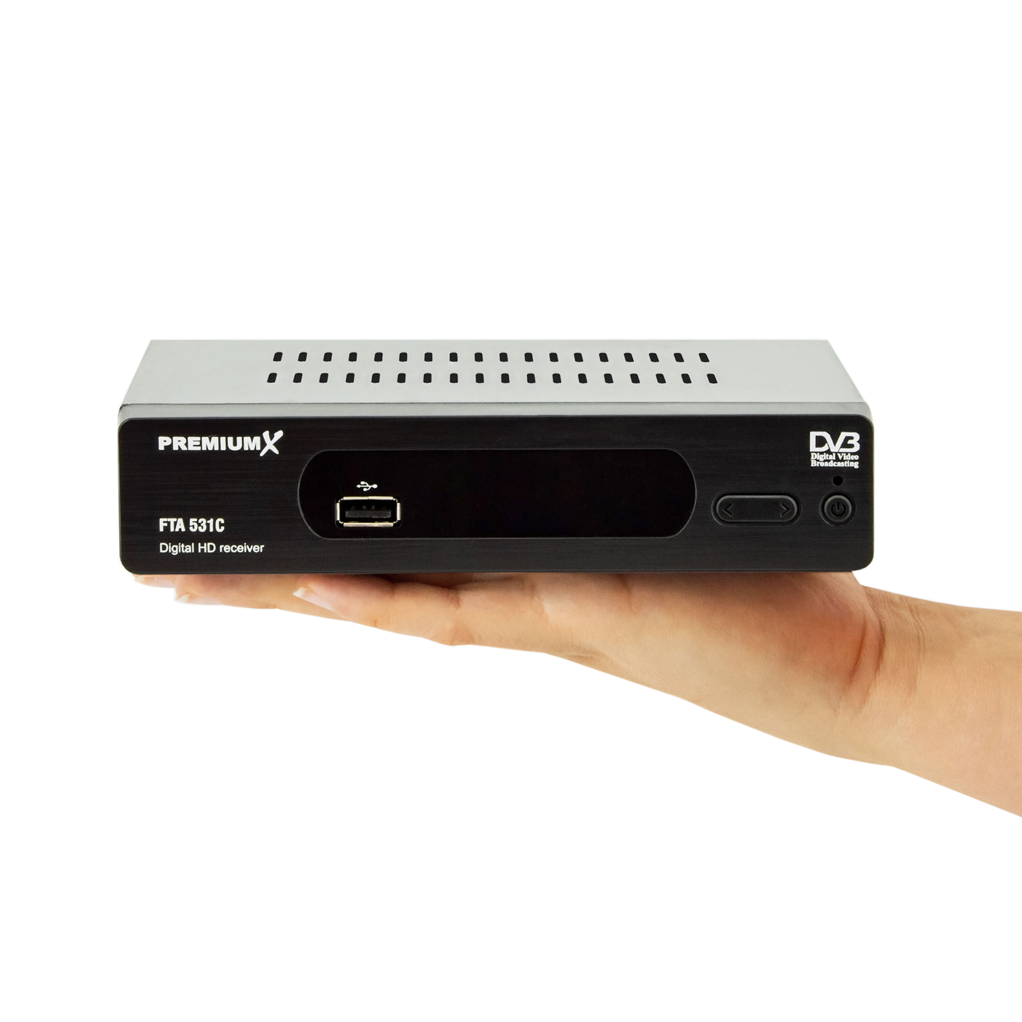 Digitaler HD-Receiver wird in der Hand gehalten.