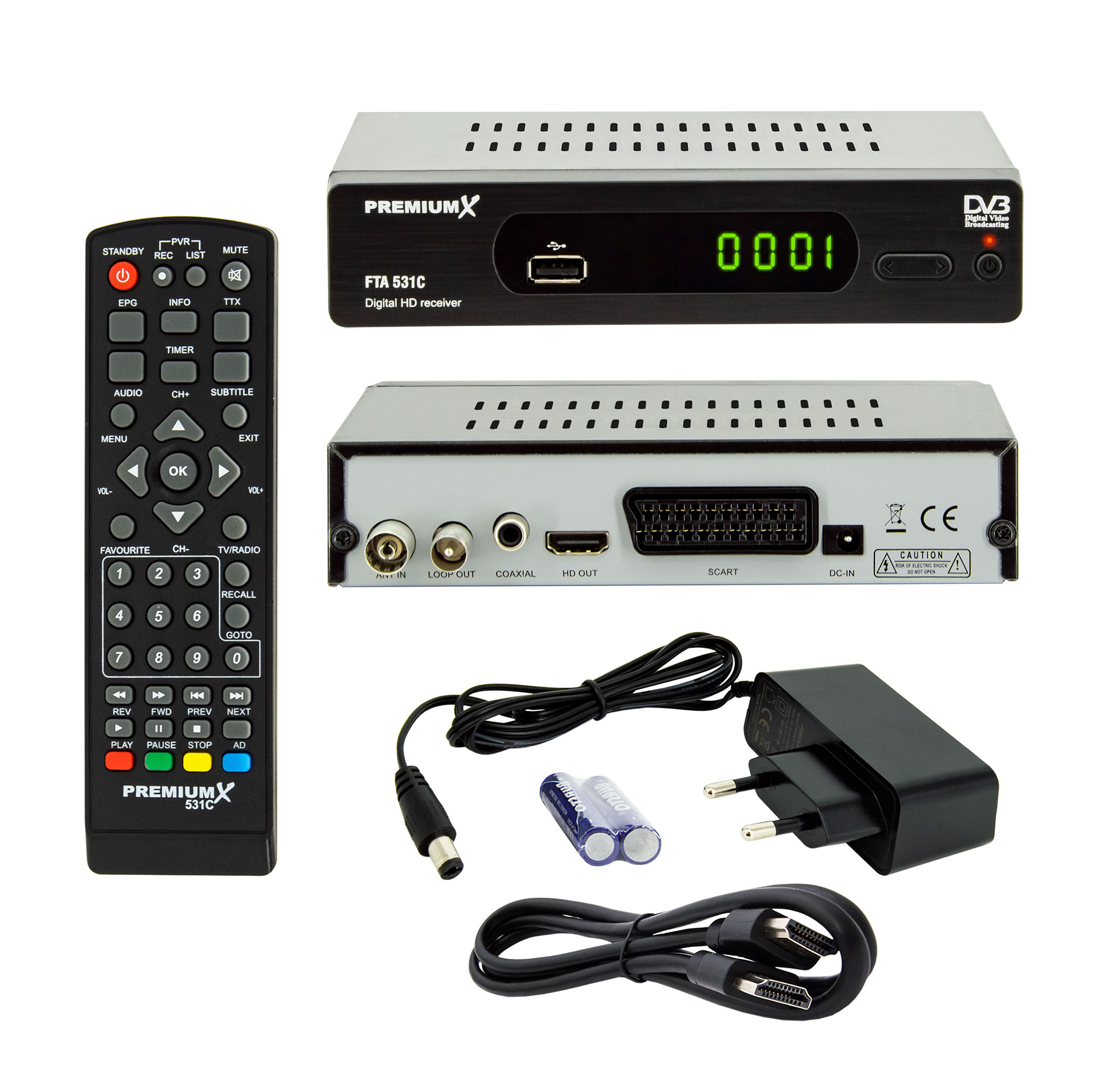 Ein digitaler Receiver und eine Fernbedienung. Komponenten umfassen den Receiver, die Fernbedienung, das Netzteil und Kabel.