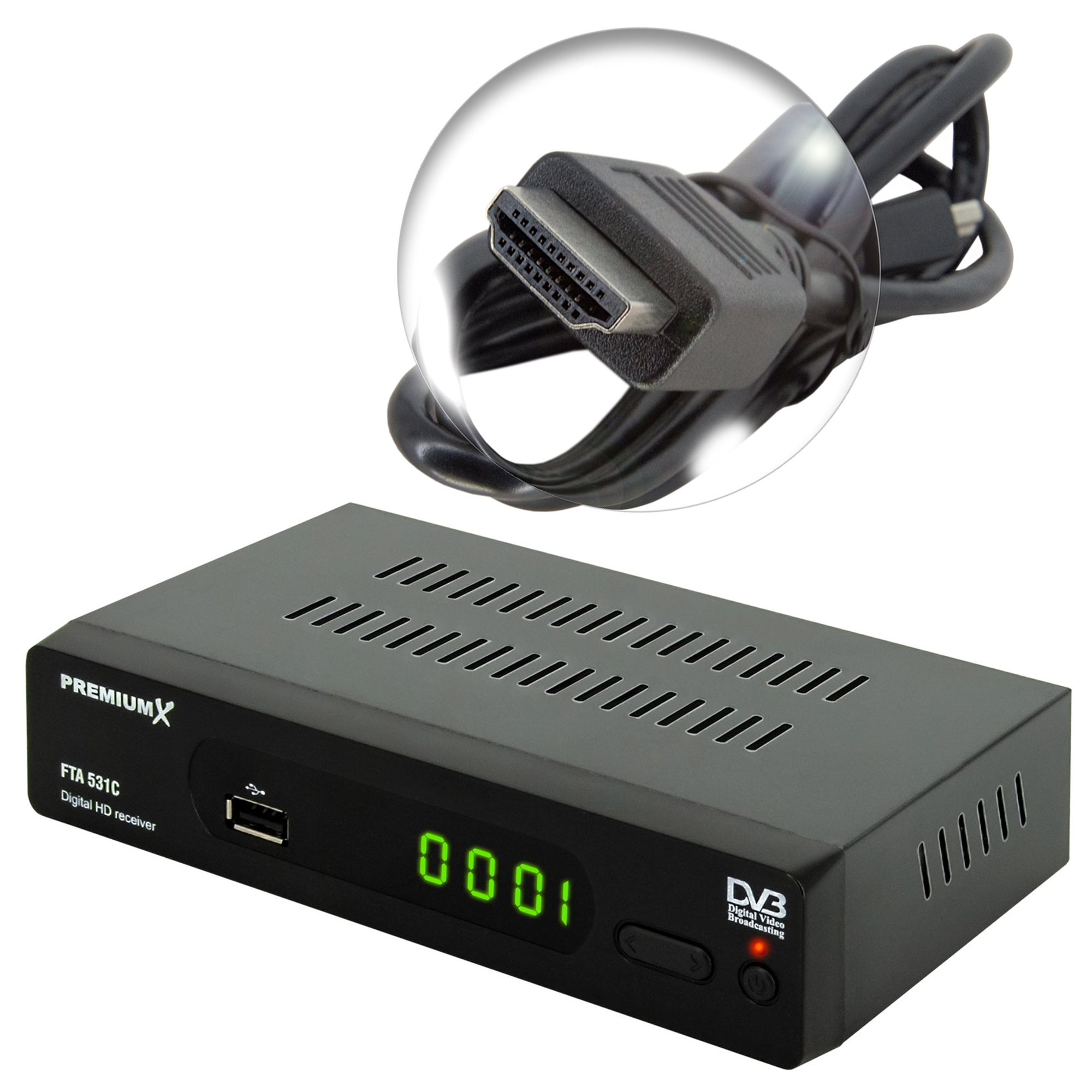 Schwarzer digitaler HD-Receiver mit USB-Anschluss und HDMI-Kabel, Nahaufnahme.