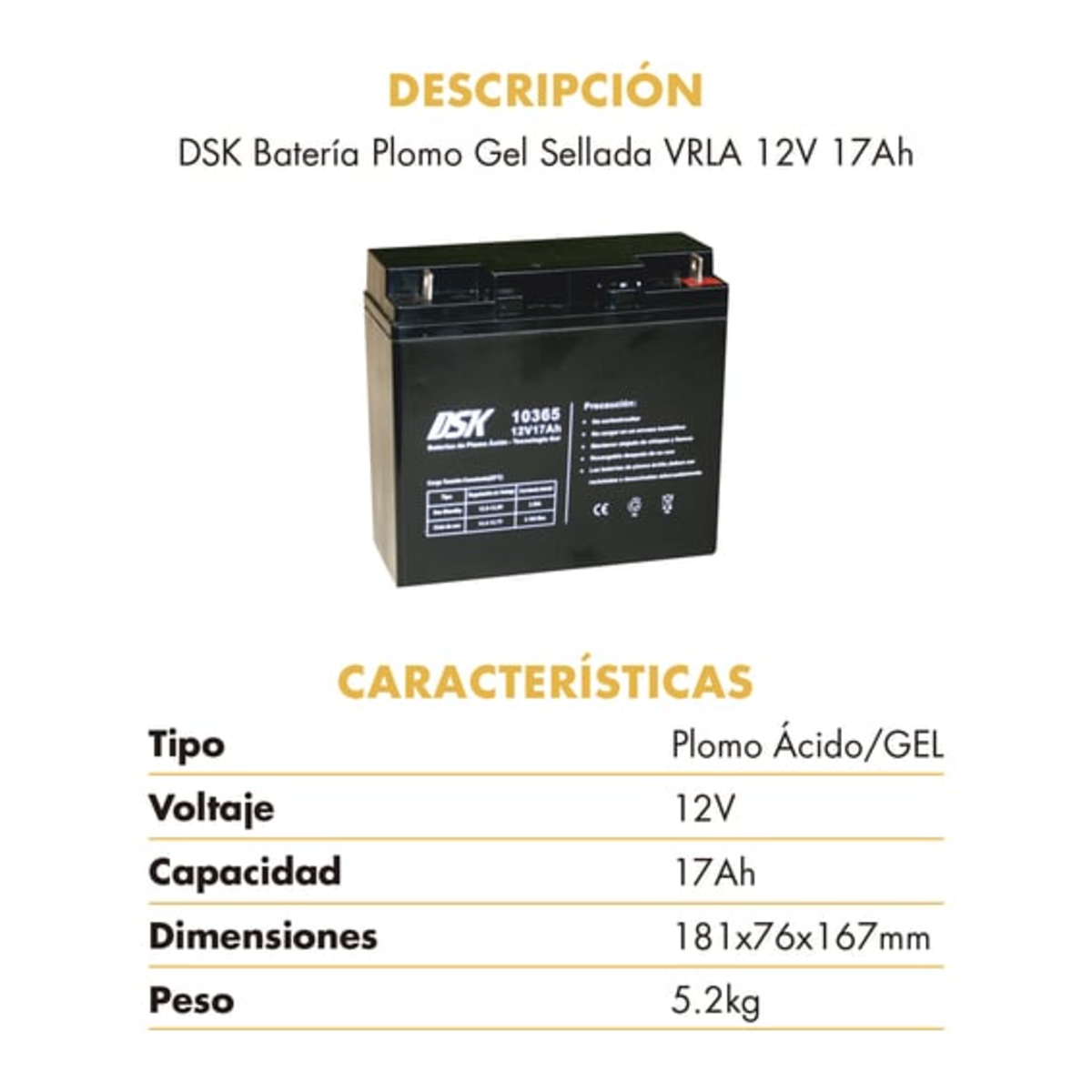 Una batería negra con texto en español, que la describe como una batería de plomo-ácido sellada de 12V 17Ah.