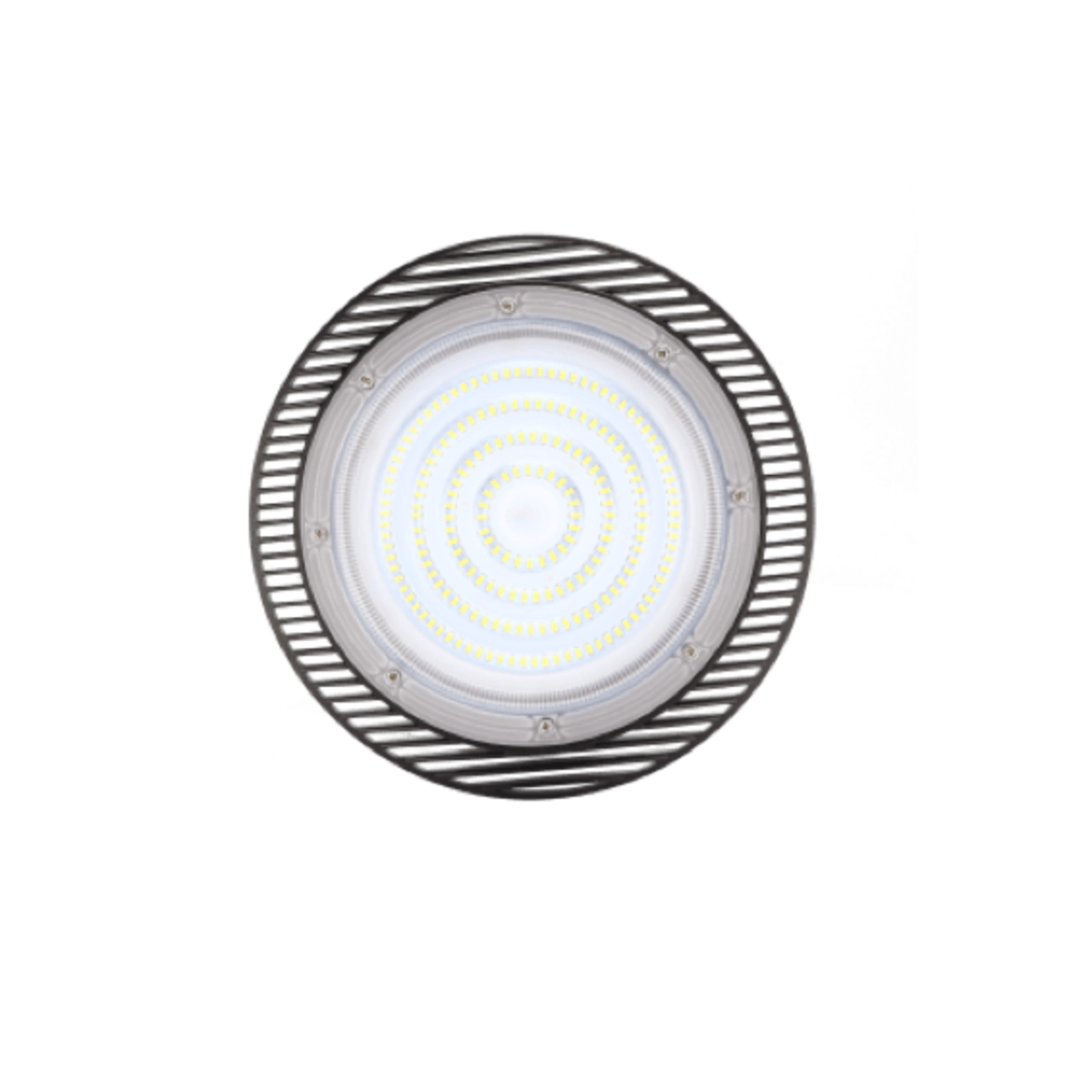 Una luminaria LED circular brillante con un marco negro y plateado.