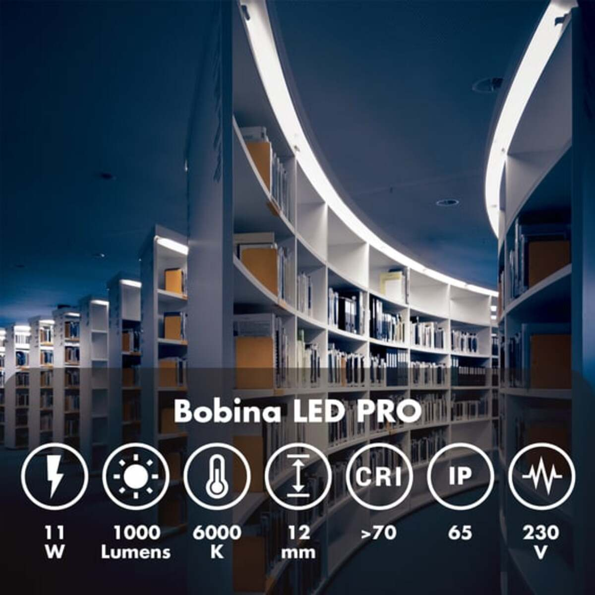 Una biblioteca con luces LED brillantes y texto sobre especificaciones de iluminación LED.