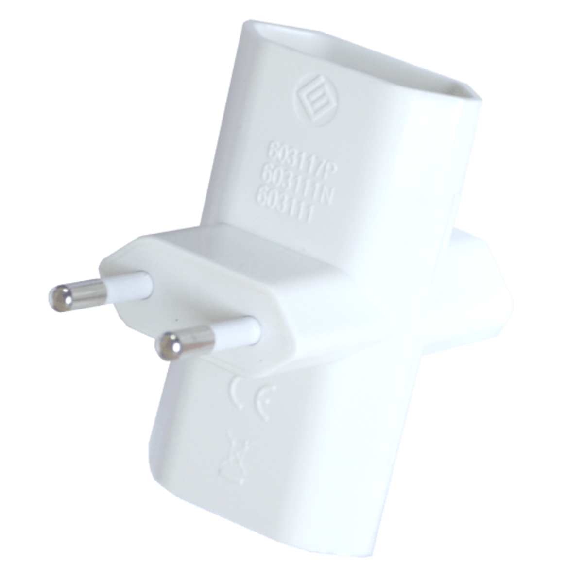 Un adattatore di alimentazione bianco con due pin.