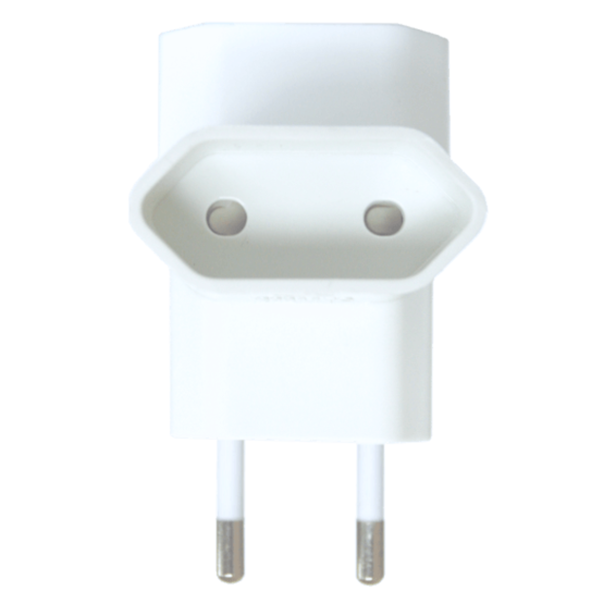 Adattatore europeo bianco con due spine per presa di corrente.