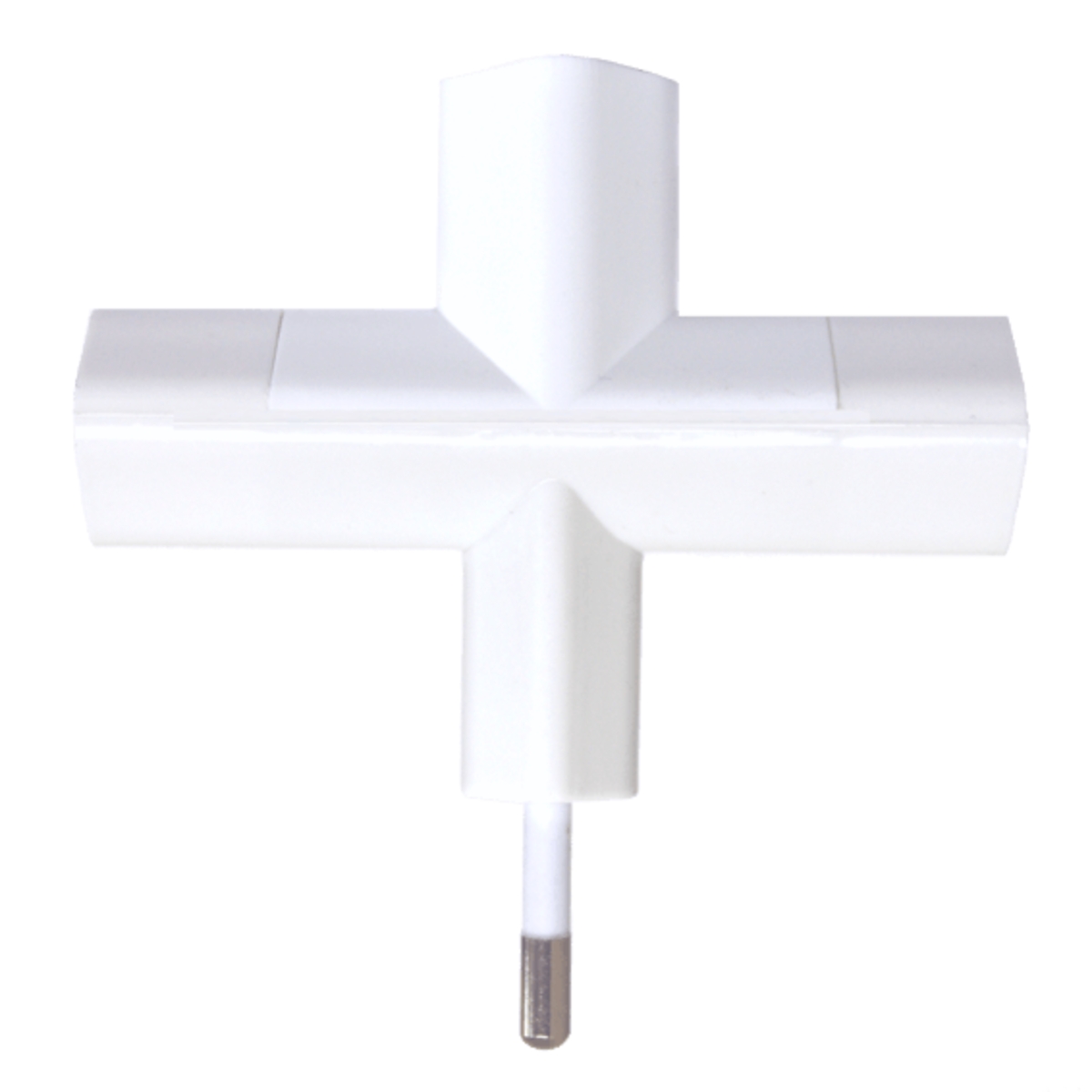 Connettore elettrico bianco con tre rami su sfondo bianco.