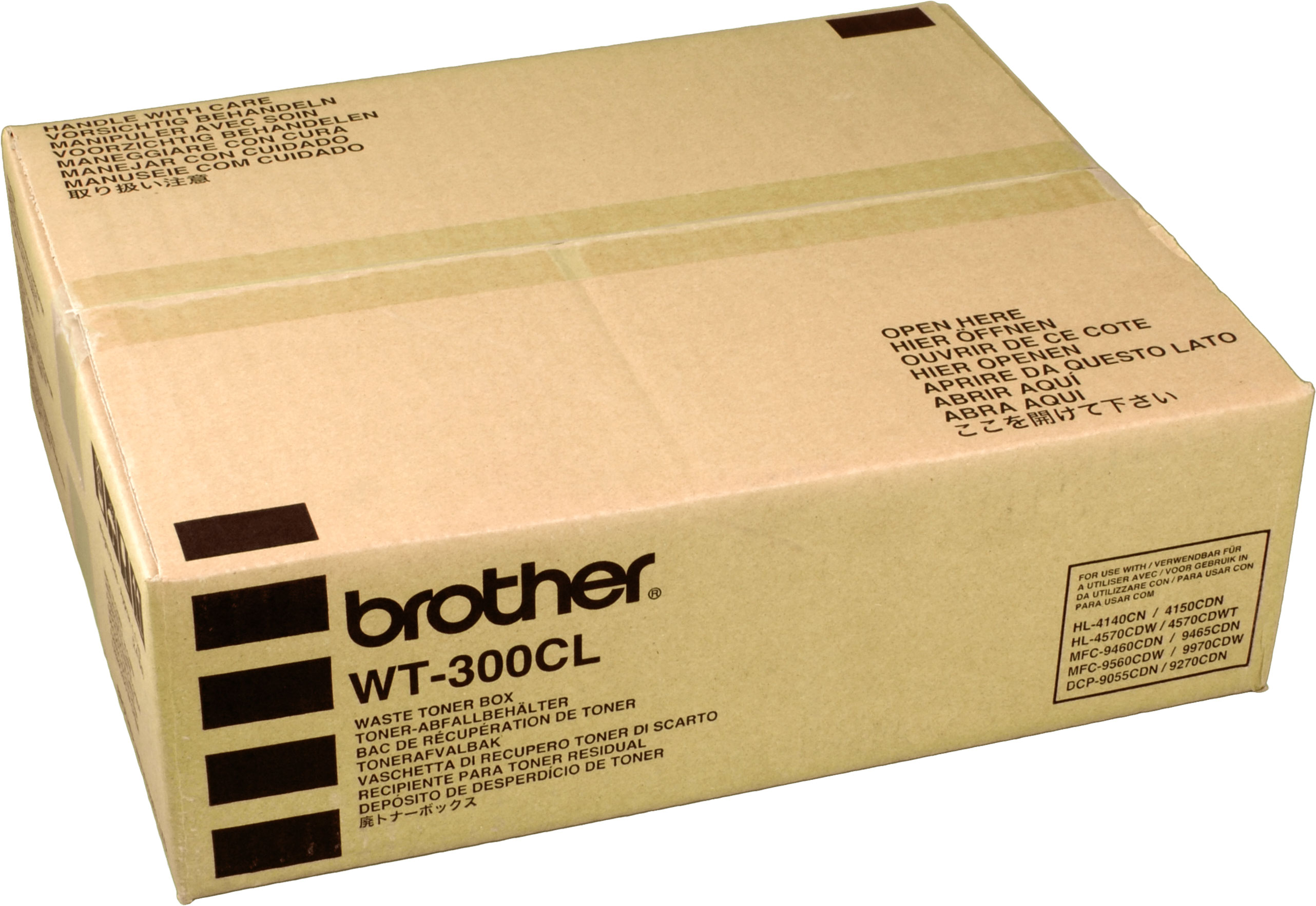 Scatola di cartone con testo in più lingue. Contiene un contenitore toner di scarto Brother WT-300CL.