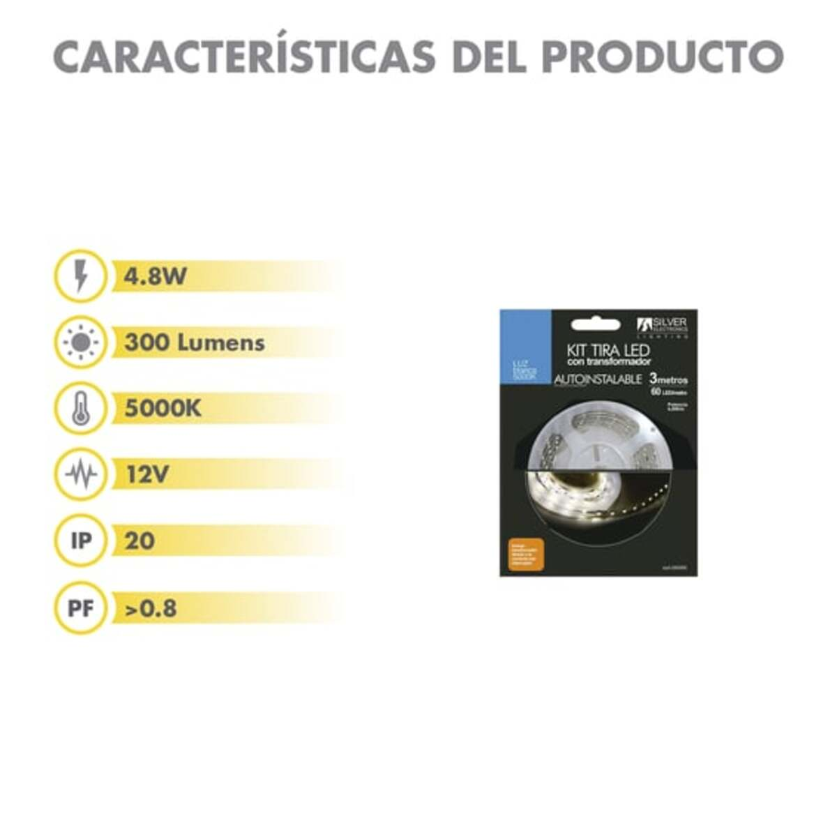 Detalles del producto: 4.8W, 300 lúmenes, 5000K, 12V, IP 20 y FP<gt/>0.8. Tira LED.