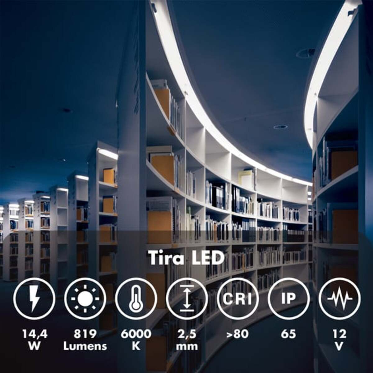 Iluminación de tira LED con iconos de potencia, lúmenes, temp. color, tamaño, CRI, IP y voltaje.