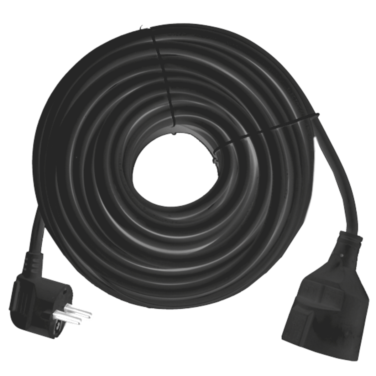 Cavo di prolunga nero con spina e presa, arrotolato.