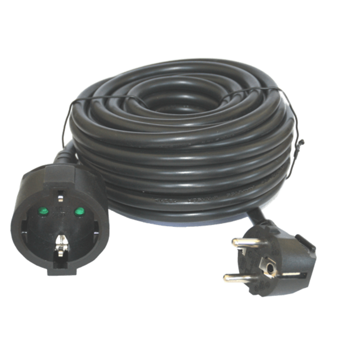 Un cavo elettrico nero avvolto con spina e presa.