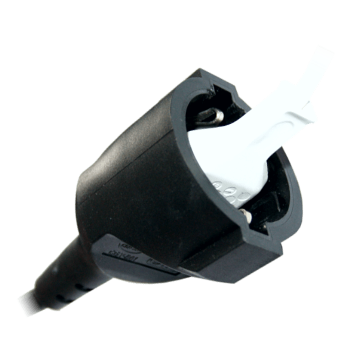 Un connettore nero con inserto bianco e contatti metallici.