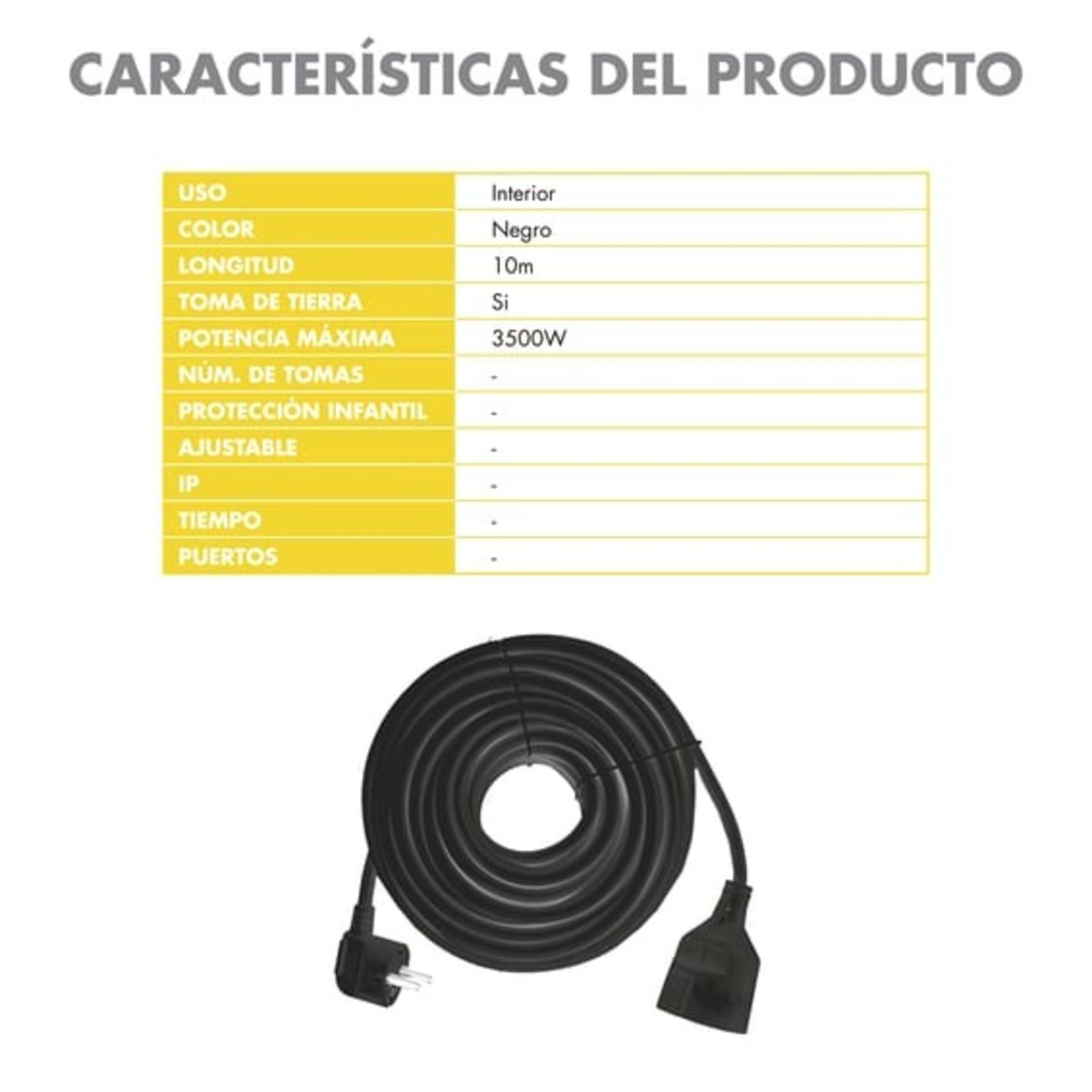 Cavo nero 10m con spina e presa, per interni, 3500W.