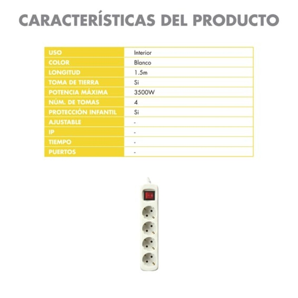 Biała listwa zasilająca z pięcioma gniazdami, tekst o cechach produktu.