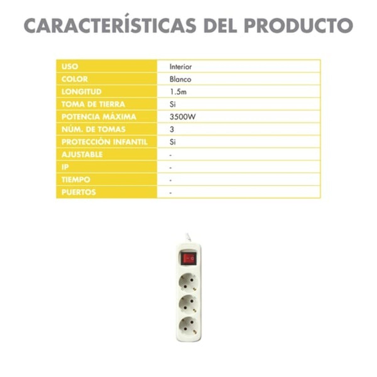 Biała listwa zasilająca z trzema gniazdami. Tekst w języku hiszpańskim: 'CARACTERÍSTICAS DEL PRODUCTO'.