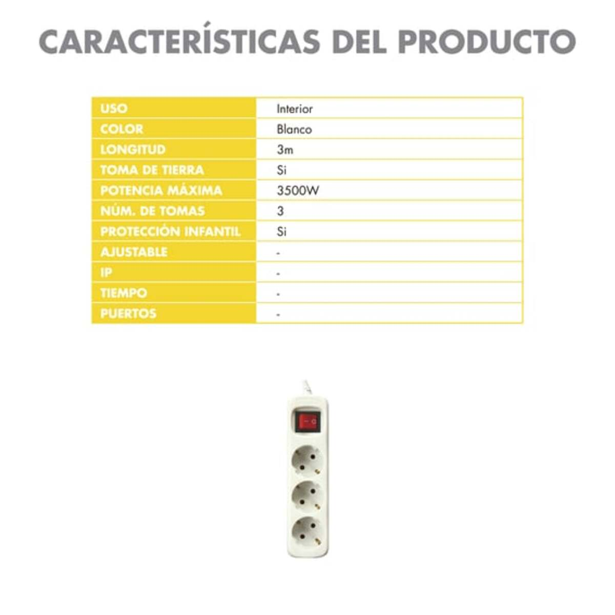 Schemat przedstawiający listwę zasilającą z 3 gniazdami, białym kolorem i włącznikiem.