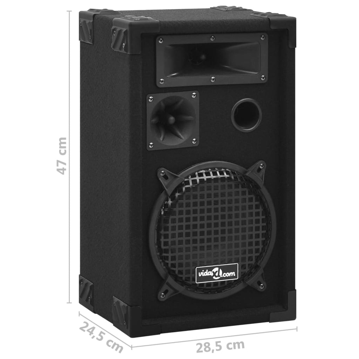 Ein schwarzer Lautsprecher mit Subwoofer, zwei kleineren Lautsprechern und einem Logo.