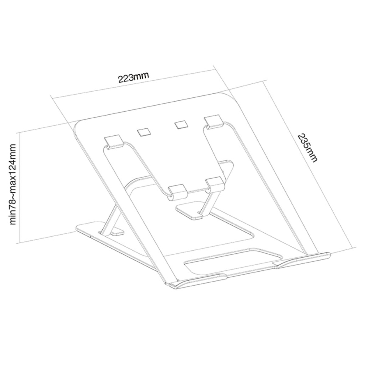 Disegno a linea di un supporto per laptop con dimensioni. È bianco con un design inclinato e supporti regolabili.