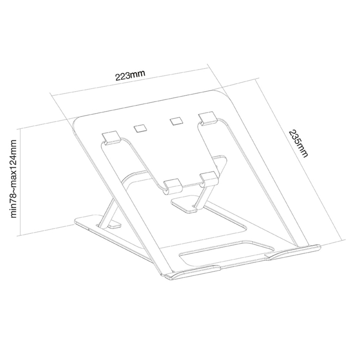 Laptop stand diagram with dimensions.